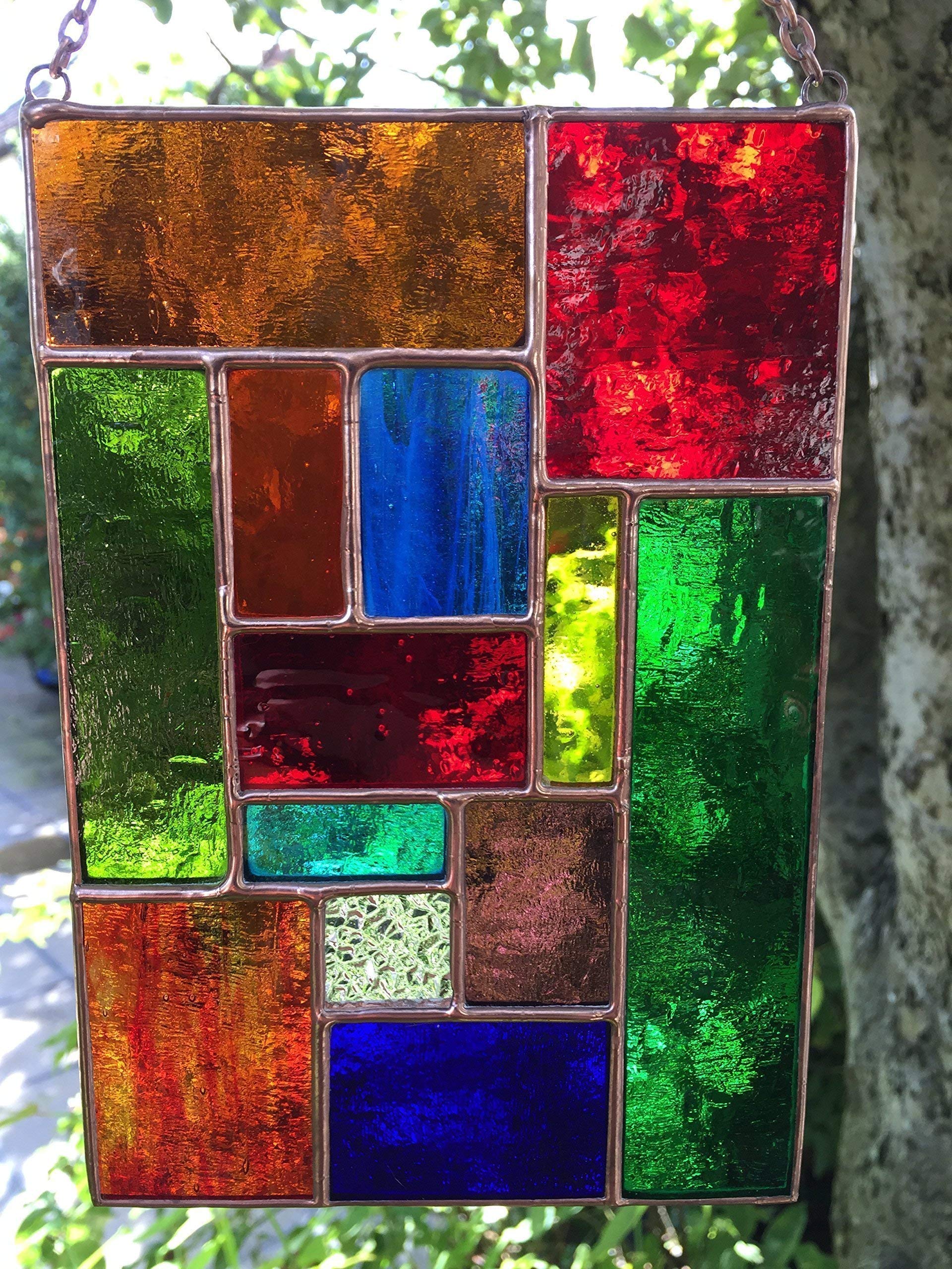 Pannello acchiappasole in vetro colorato, arte astratta in rame multicolore