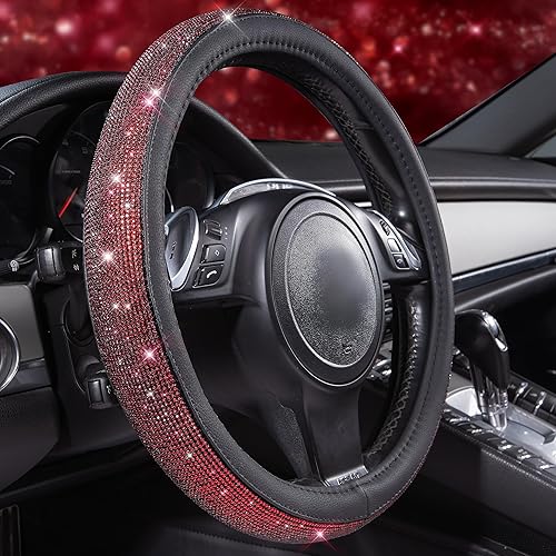Miniatura 18 de CAR PASS Juego de 11 fundas para volante de color rojo brillante para mujer, cojín de cinturón de seguridad con diamantes de imitación brillantes