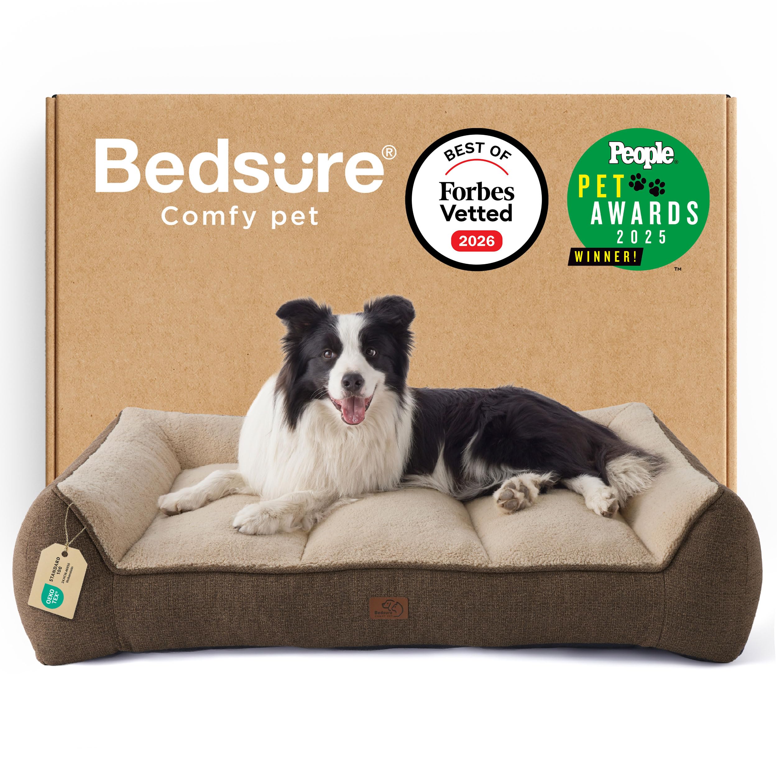 Bedsure Orthopedic Dog Beds Large - 96x71cm Extra Thick Supportive Large Dogs Sofa with Waterproof Washable Cover, L Plus Pet Bed Sofa with Soft Plush Sherpa and Nonskid Bottom, Brown
