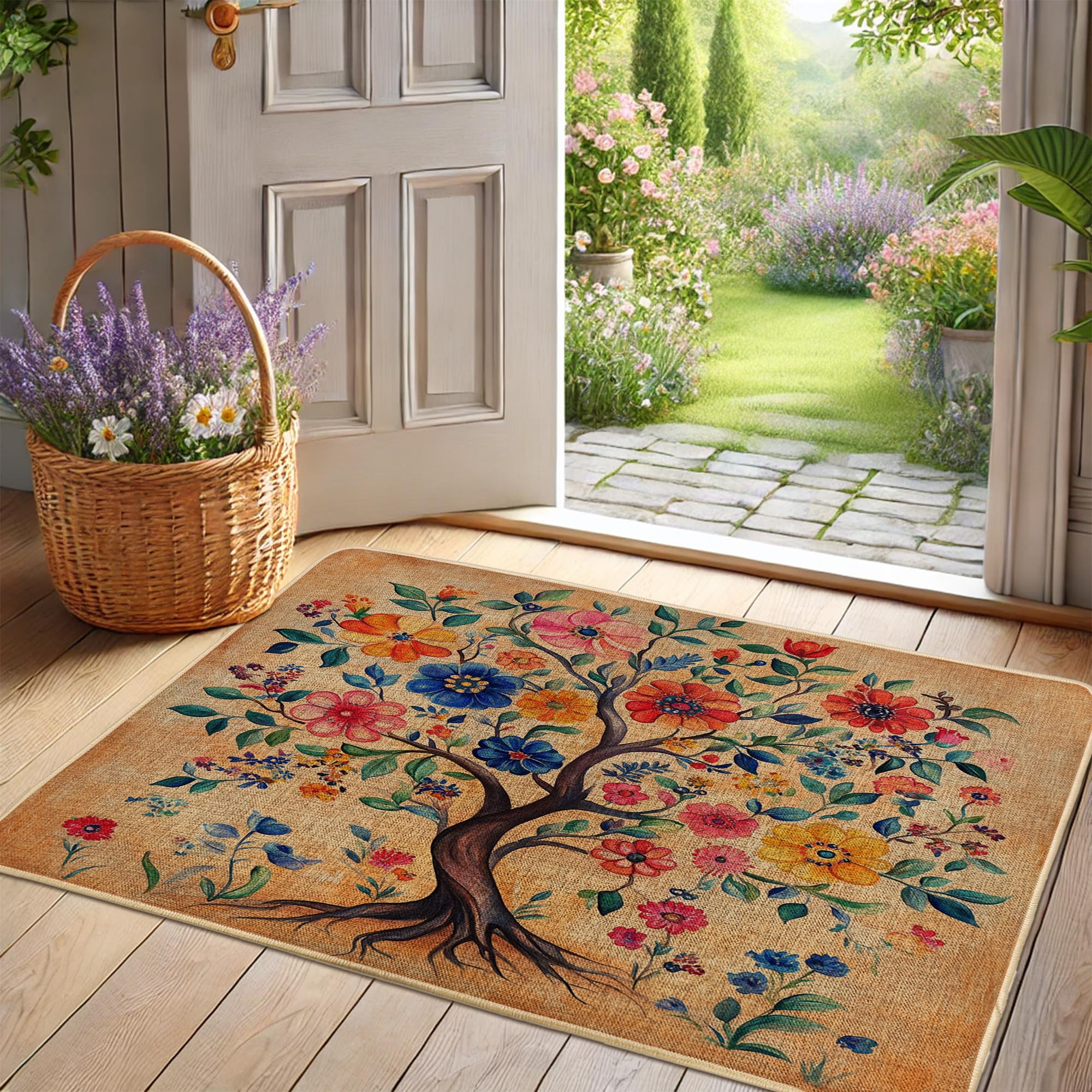 Paillasson coloré à fleurs antidérapant et imperméable pour entrée de maison 73x43cm