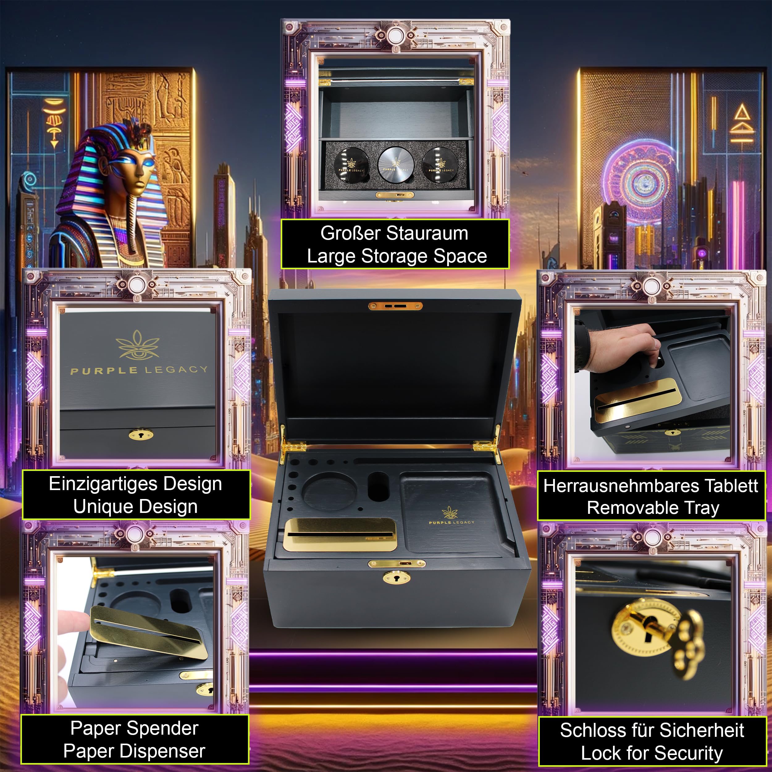 Sphinx's Secret Sanctuary | Scatola di stoccaggio in legno con serratura | Supporto per occhiali UV, tablet, smartphone, smerigliatrice grande, accessori