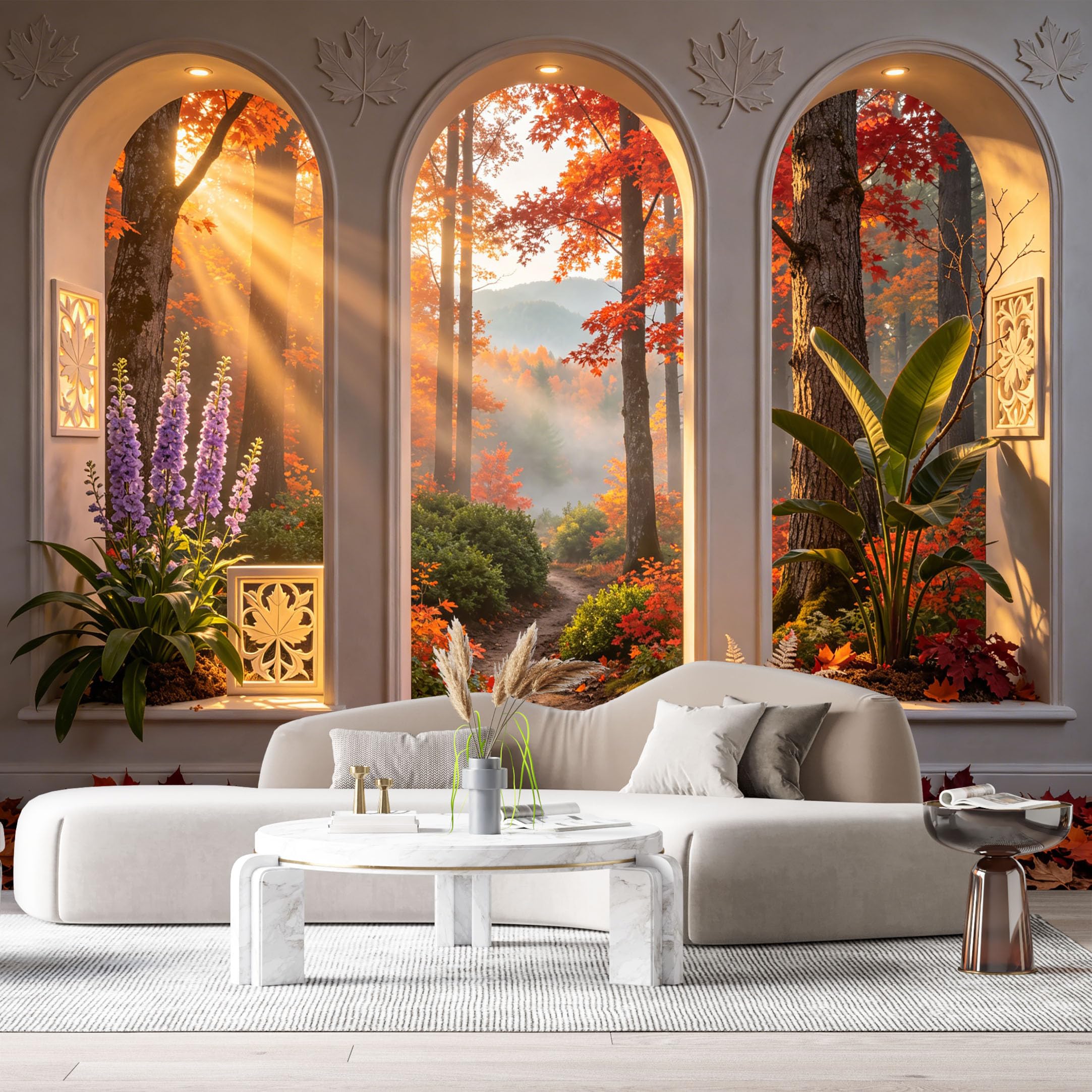 Custom Size Wall Murals Autumn Forest View Sunbeams 3D Trompe L'Oeil Window Leaves SelfAdhesive Wall Fabric Removable Large Wallpaper for Photo Living Room Decoration
