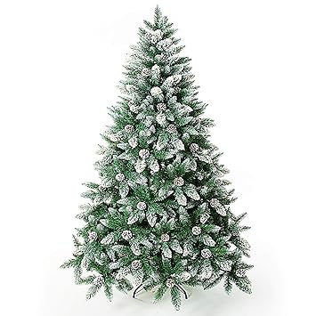 Senjie Artificial Christmas Tree 6,7,7.5 Foot Flocked Snow Trees Pine Cone Decoration Unlit(6 Foot Upgrade)