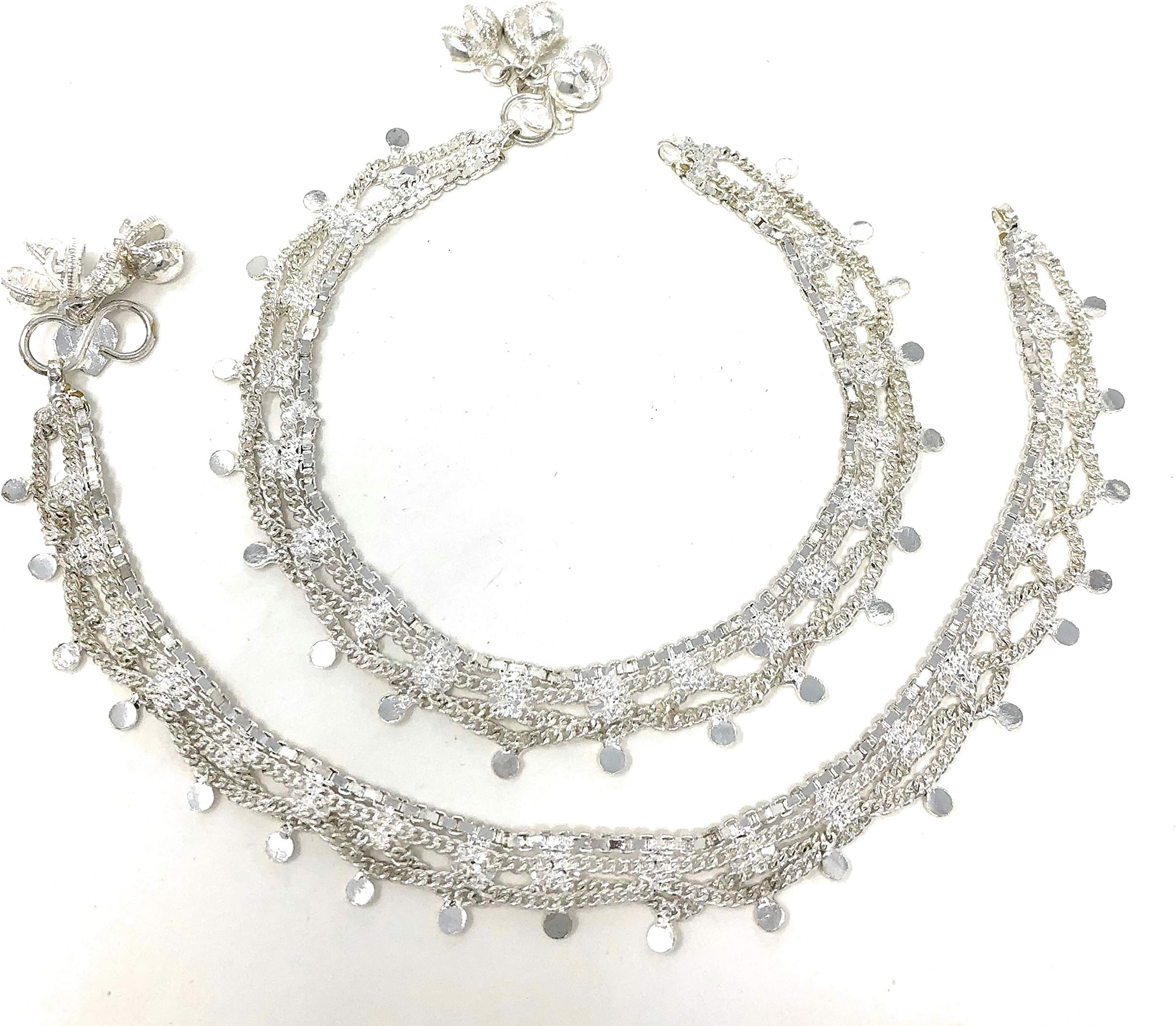 Duel On JewelTraditional Indian Anklet Payal Sets for Women, Silver-Tone Chain Designs with Soft Bells, Pearls, Enamel, and Bead Charms, Easy-to-Wear S-Hook Clasp, Bridal Wedding Party Dance Jewelry