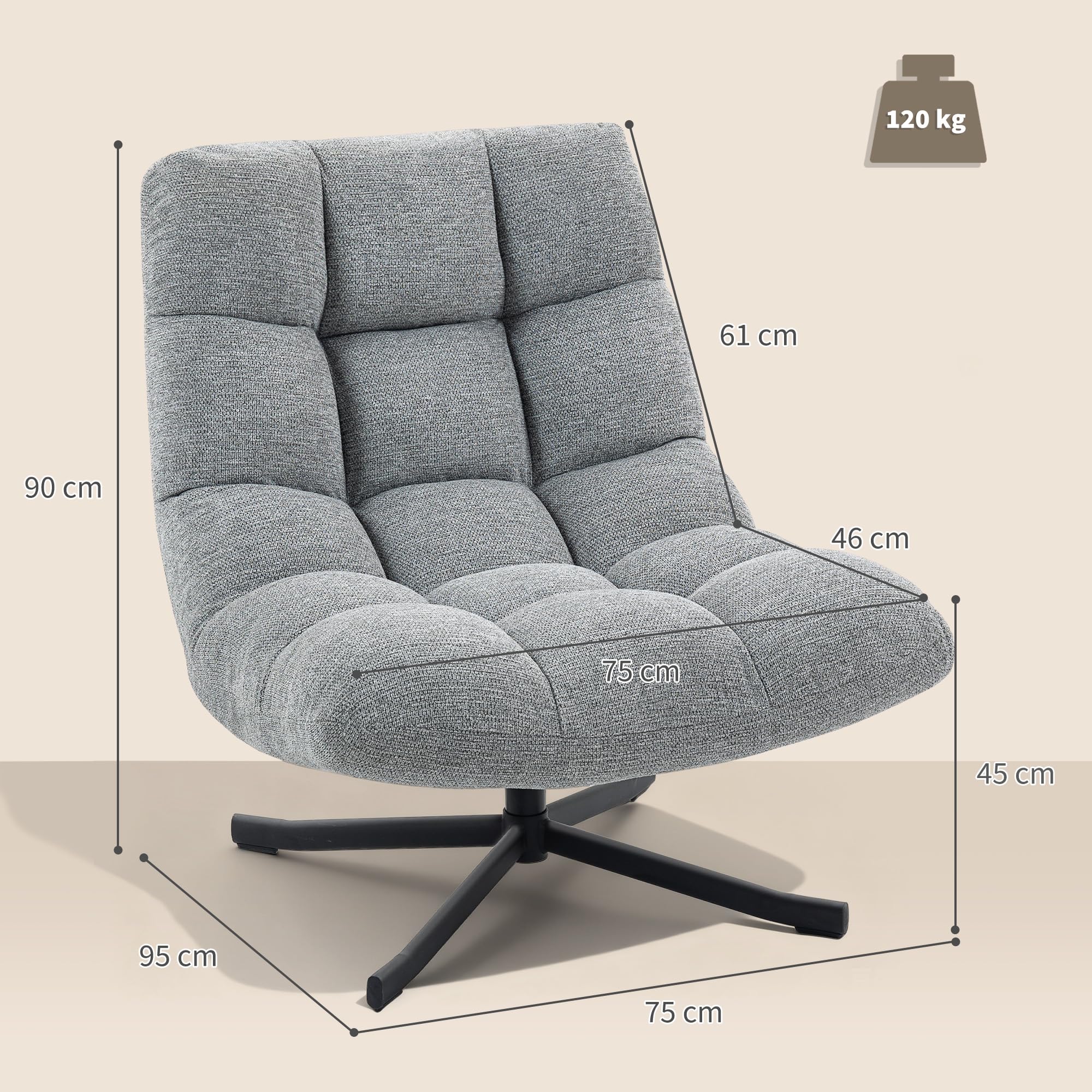 HOMCOM Fauteuil Salon sans Accoudoirs Chaise Pivotante Tissu Chenille Gris | Imperméable, Assise Rembourrée et Large, Pieds Croisés en Acier sans Roulettes, Fauteuil Relax pour Chambre et Salon