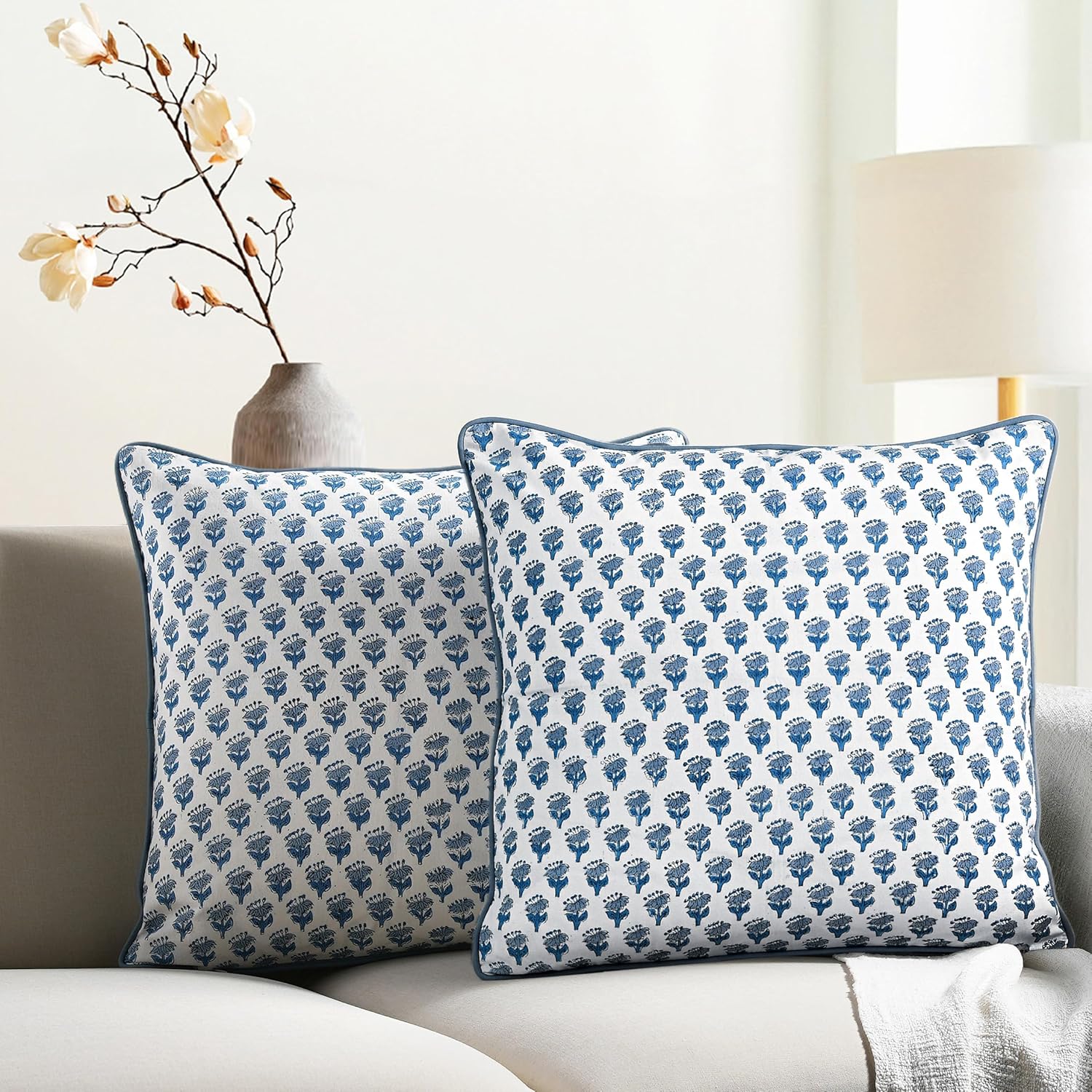 CPC 100% Cotton Throw Pillow Covers 18x18 Inch, Set of 2 Blue Block Print Pattern Couch Pillow, Cute Boho Decorative Pillows for Living Room, Bedroom with Hidden Zipper- Apatite Blue 18" x 18" (Pack of 2) Apatite Blue