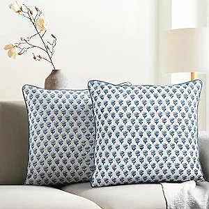 CPC 100% Cotton Throw Pillow Covers 18x18 Inch, Set of 2 Blue Block Print Pattern Couch Pillow, Cute Boho Decorative Pillows for Living Room, Bedroom with Hidden Zipper- Apatite Blue
