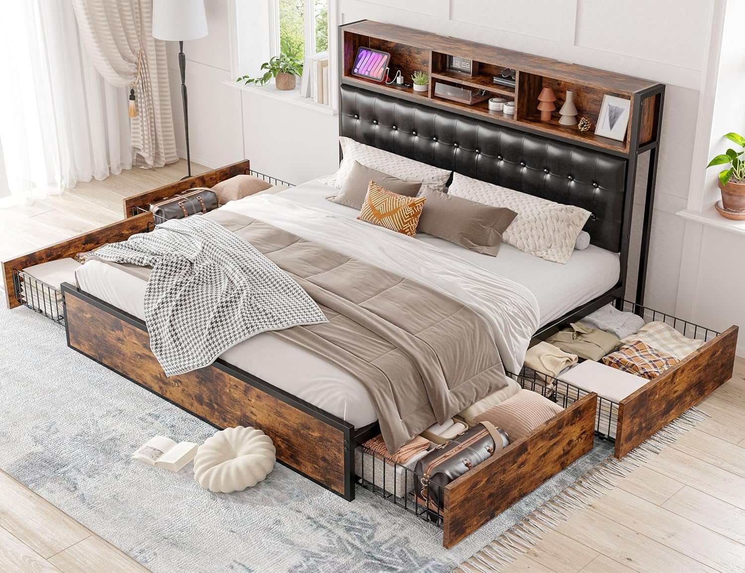 EnHomee Queen Bed Frame with 4 Storage Drawers, Bed Frame Queen Size with Upholstered Headboard and Built in Charging Station, No Noise, Metal Support, No Box Spring Needed,Vintage Brown