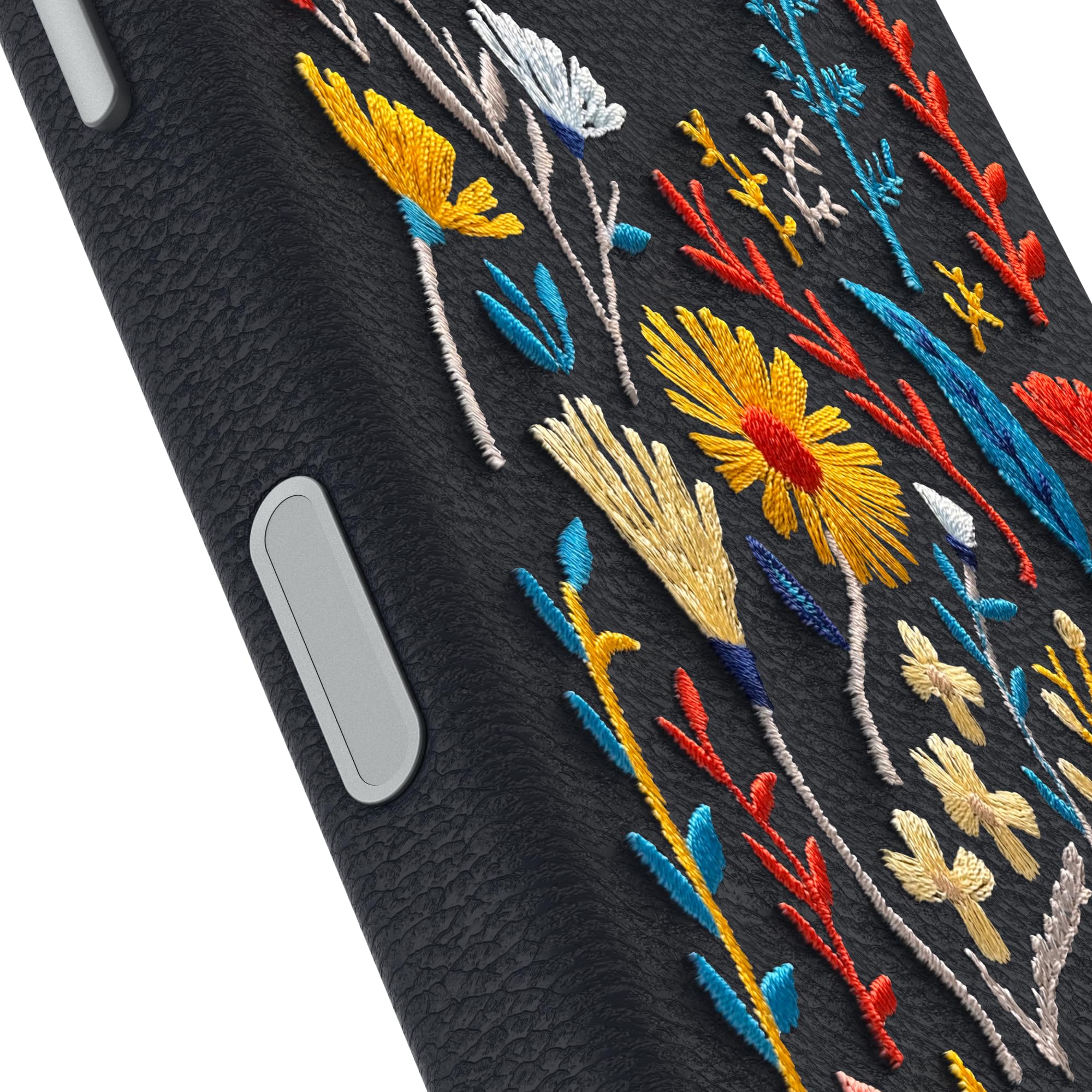OtterBox Symmetry Series Lederhülle für iPhone 17 mit Kaktus-Stickerei – Zaubergarten – Blau – strukturierte und kunstvolle Blumen-Stickerei für iPhone