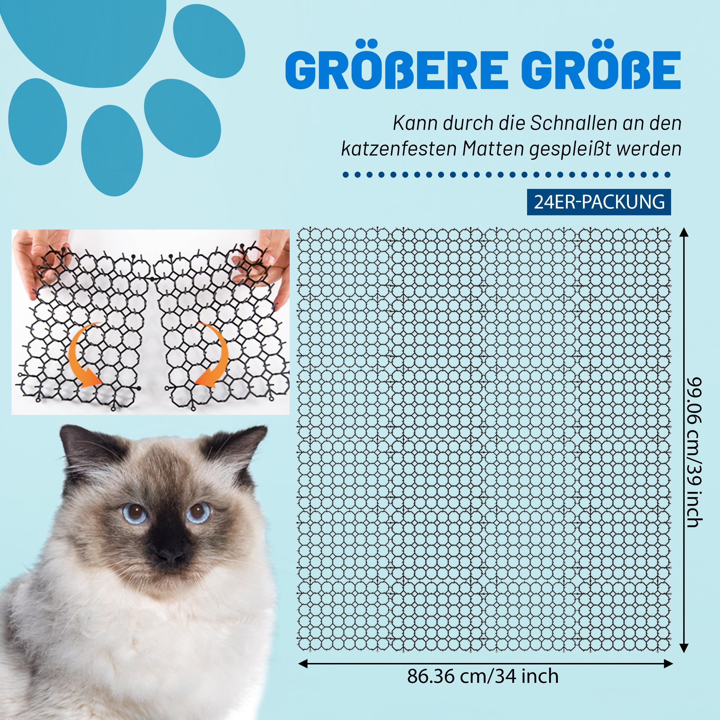 Katzenmatte mit Kunststoff-Spikes, Katzenschreck, Kratzmatte für Katzen, Schädlingsstreifen, zum Graben, 24 Stück, inkl. 10 Heftklammern und 10 Reißverschlussbänder