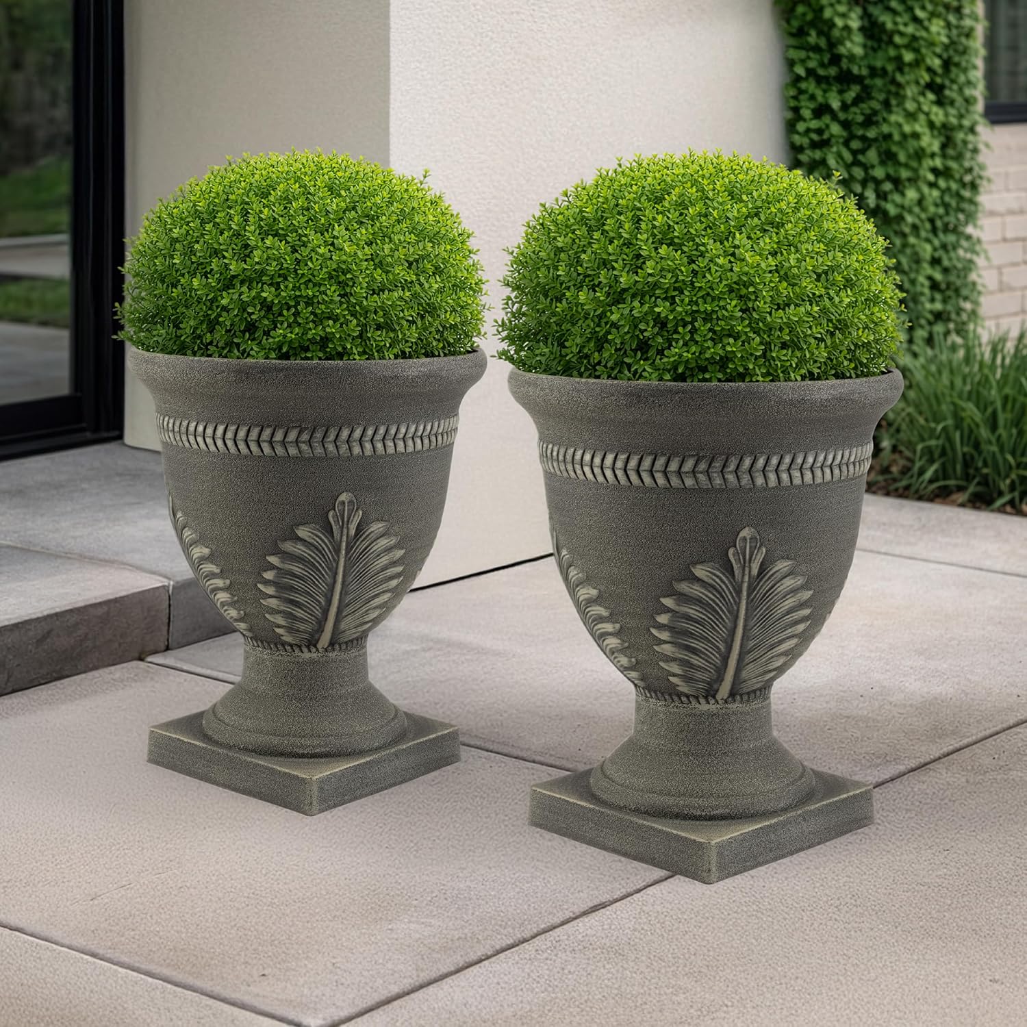 Outdoor Planter 2-Pack - 15.25x18.8-Inch Urn Planters for Front Porch Decor, Indoors, Patio or Entryway - Plastic Plant Pots with Drainage - Large Decorative Flower Pots by Pure Garden (Gray)