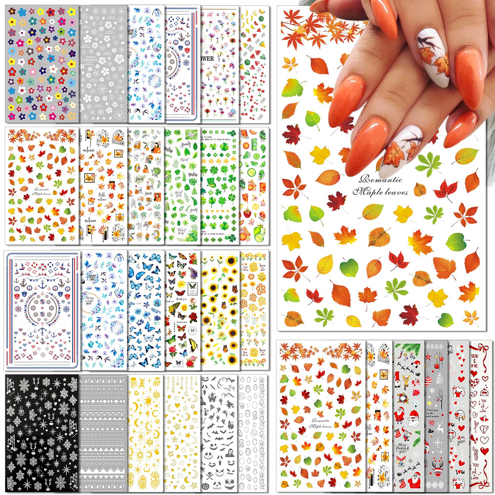 30 Sheets All Holiday Nail Art Stickers, Variety Pack Seasonal Nail Decals, Self-Adhesive Colorful Design for Daisy Flowers Butterflies Star Halloween Christmas