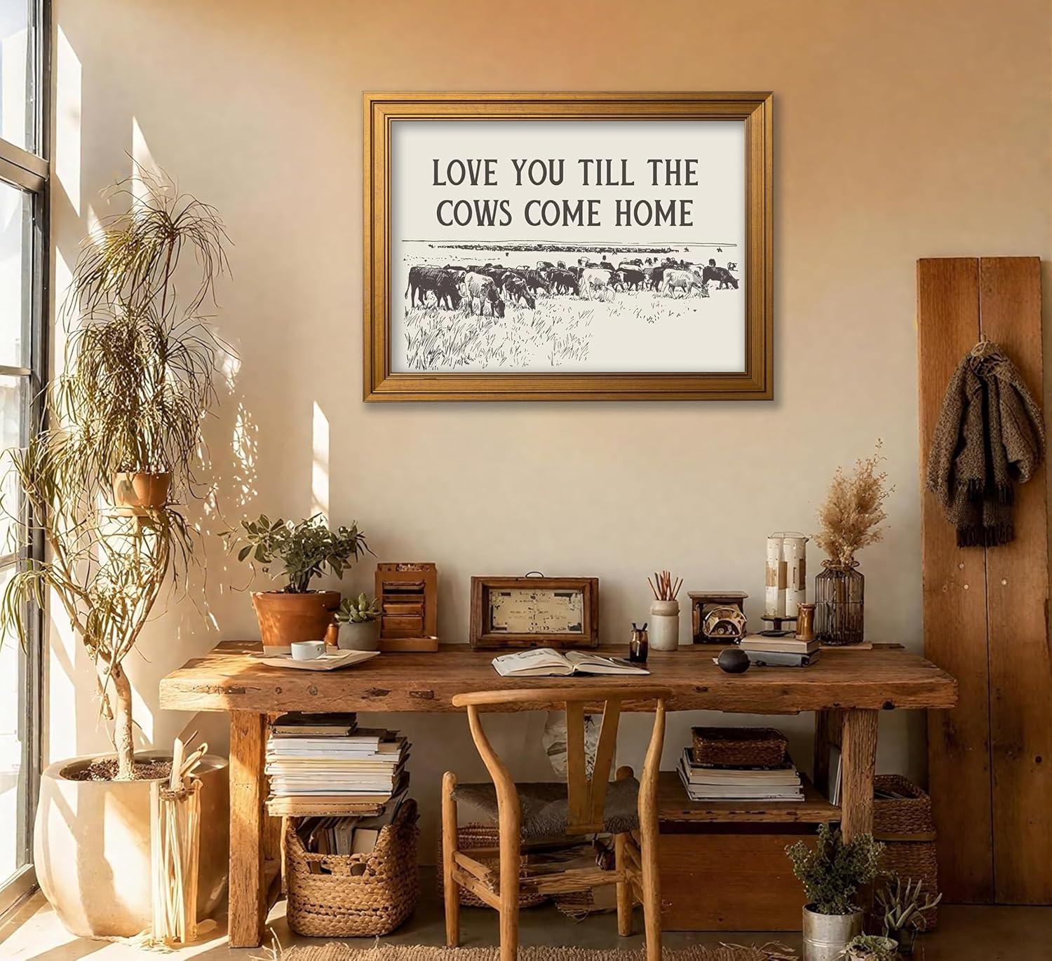 Vintage Gold Framed Cow Wall Art Western Cowboy Country Landscape Painting Canvas Prints Romantic Quotes Family Love Picture Wall Decor Rustic Farmhouse Poster Artwork for Living Room Bedroom Decor