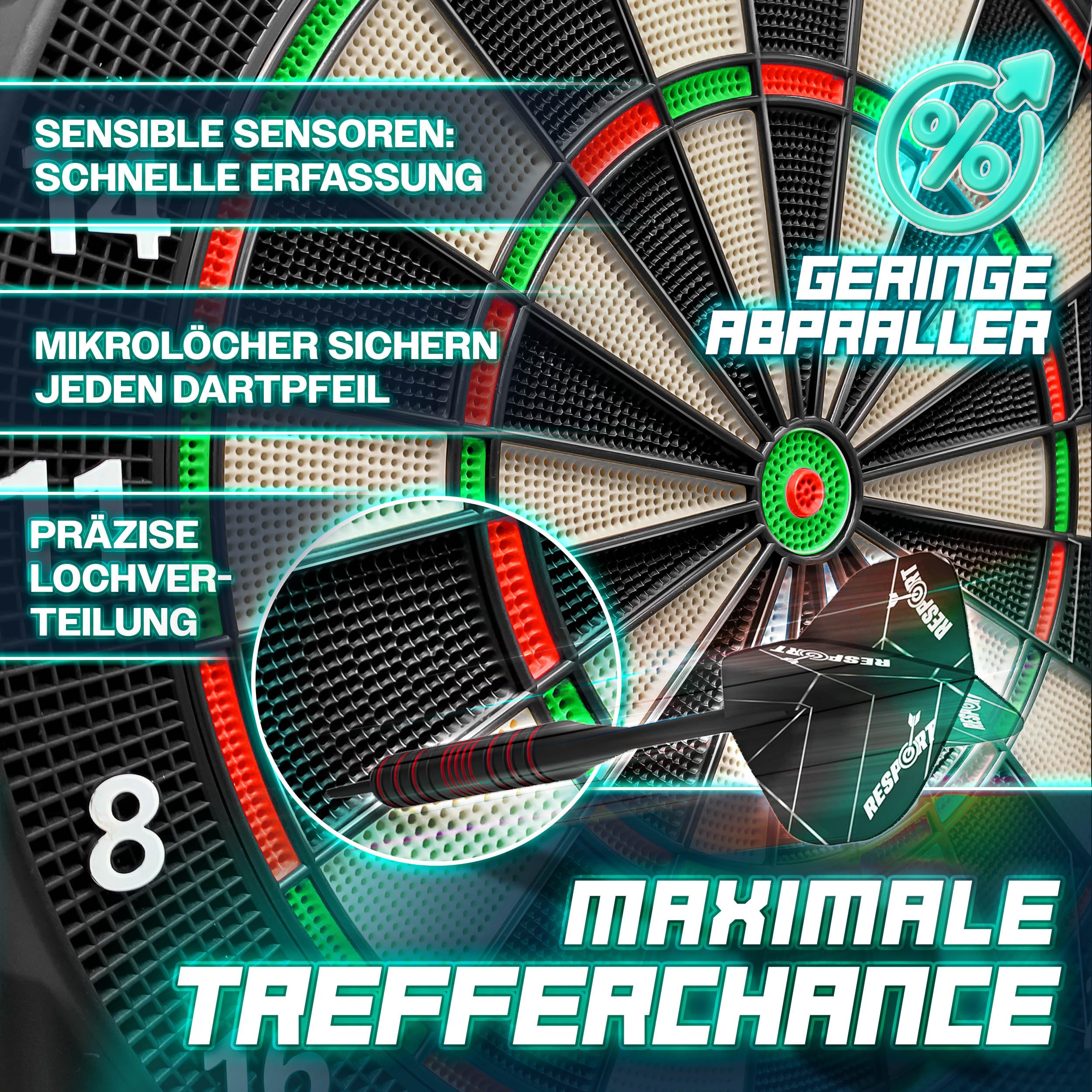 RE:SPORT® Dartscheibe Elektronisch Profi Set mit 12 Pfeilen + 24 Pro Flights + 100 Pfeilspitzen & Zubehör | E Dartautomat für 1–8 Spieler mit 427 Varianten | Elektrisches Dartboard mit LED Anzeige