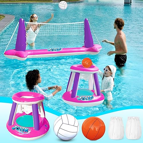 JOYIN Juego de flotadores inflables para piscina, red de voleibol y aros de baloncesto, flotadores flotantes de juguete para niños y adultos, cancha