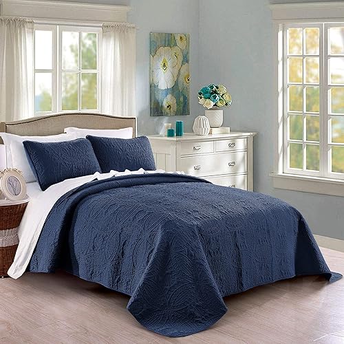 Pure Bedding Juego de edredón tamaño matrimonialqueen, color azul marino, colcha de gran tamaño - Colcha ligera de microfibra suave para todas las