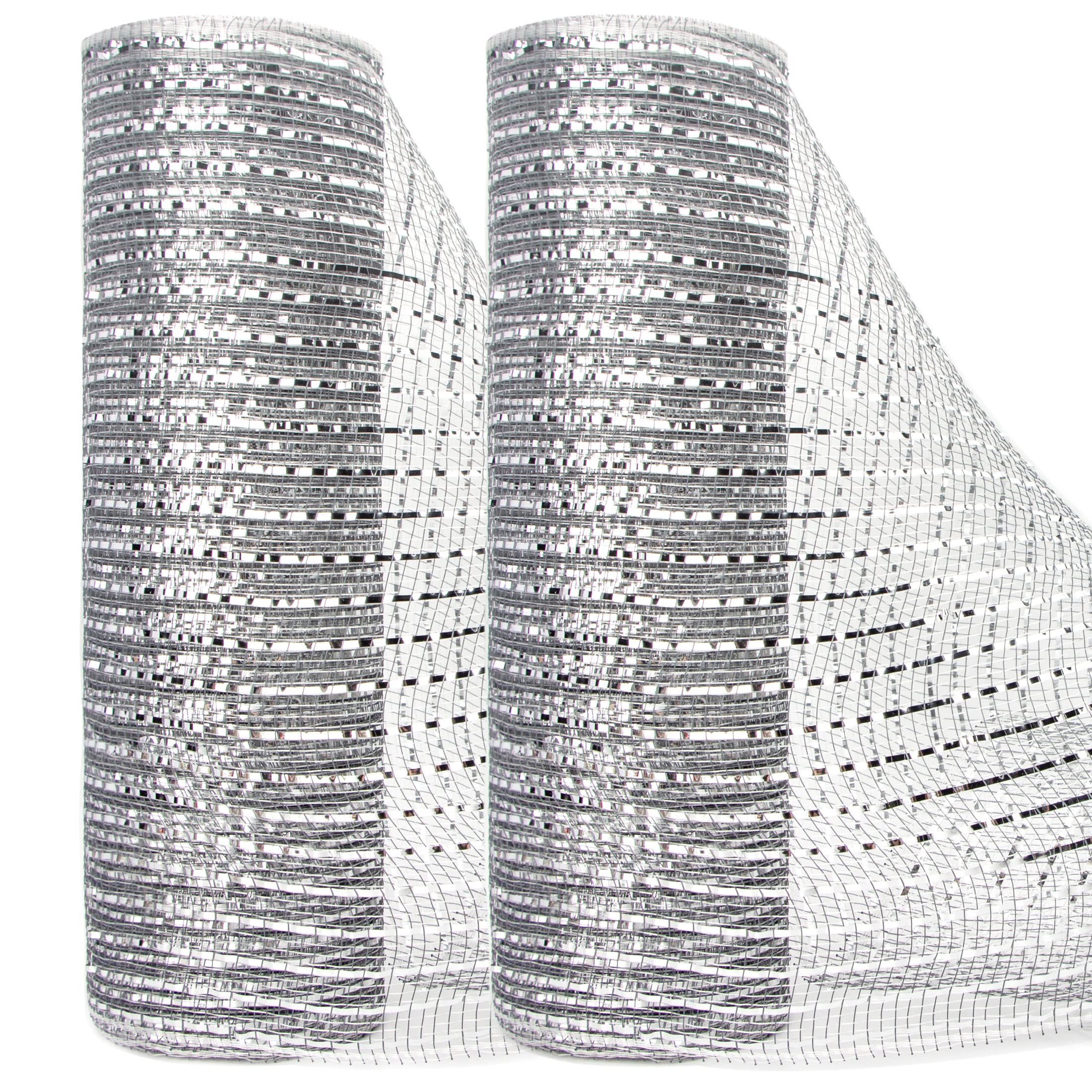 Ribbli 2 Rolls Silver Mesh Ribbon,10 inch x 30 feet(10Yard) Each Roll,Metallic Lt.Silver with Wide Silver Foil,Valentine's Day Ribbon for Wreath Swags and Decorating