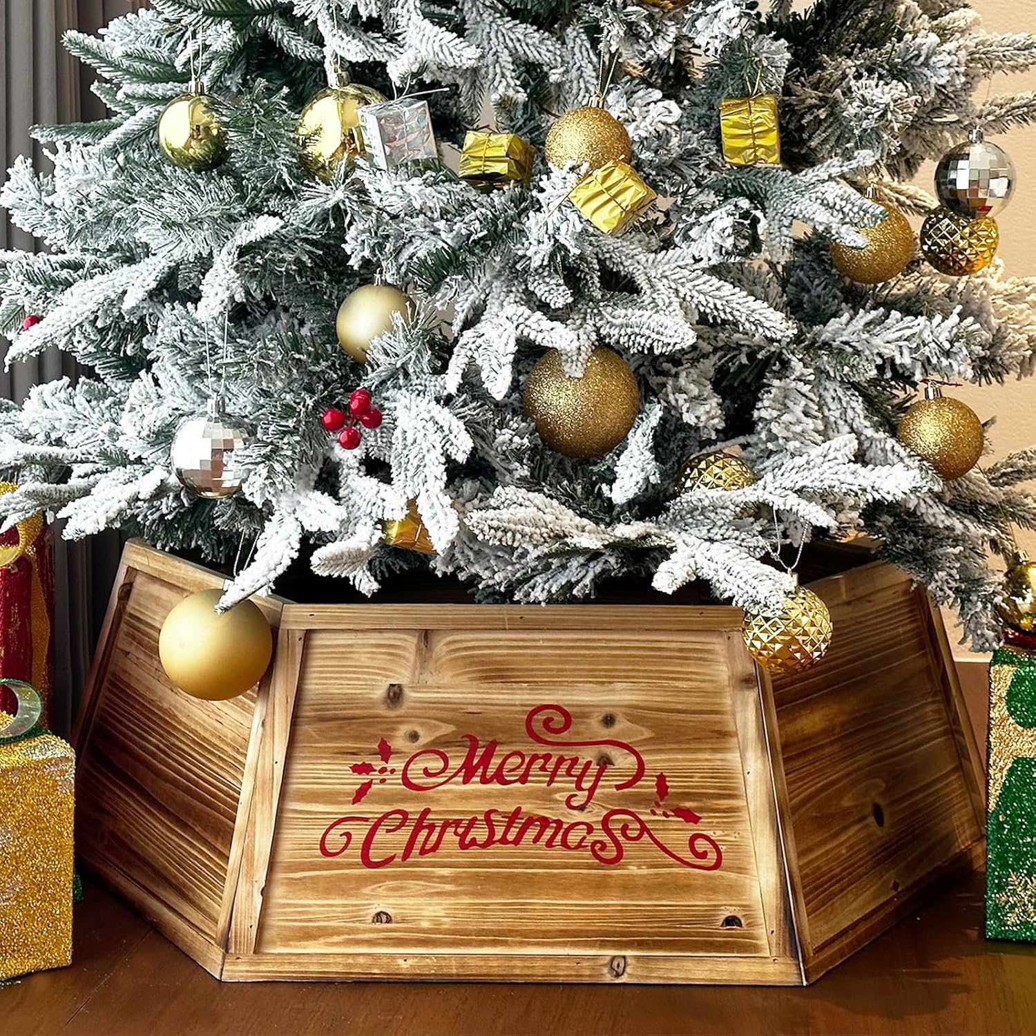 Wooden Christmas Tree Collar,28.7" Hexagon Natural Wood Tree Collar for Artificial Trees,Farmhouse Burned Rustic Christmas Tree Box Base Brown