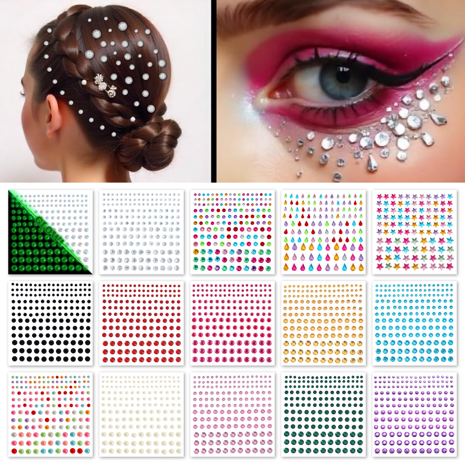 FACEGEM LONDON 15 Sheet Face Gems Rhinestone -SELF ADHESIVE- Rhinestones for Eyes Face Body Nails, Face Glitter, Nail Gems Rhinestone, Face Jewels