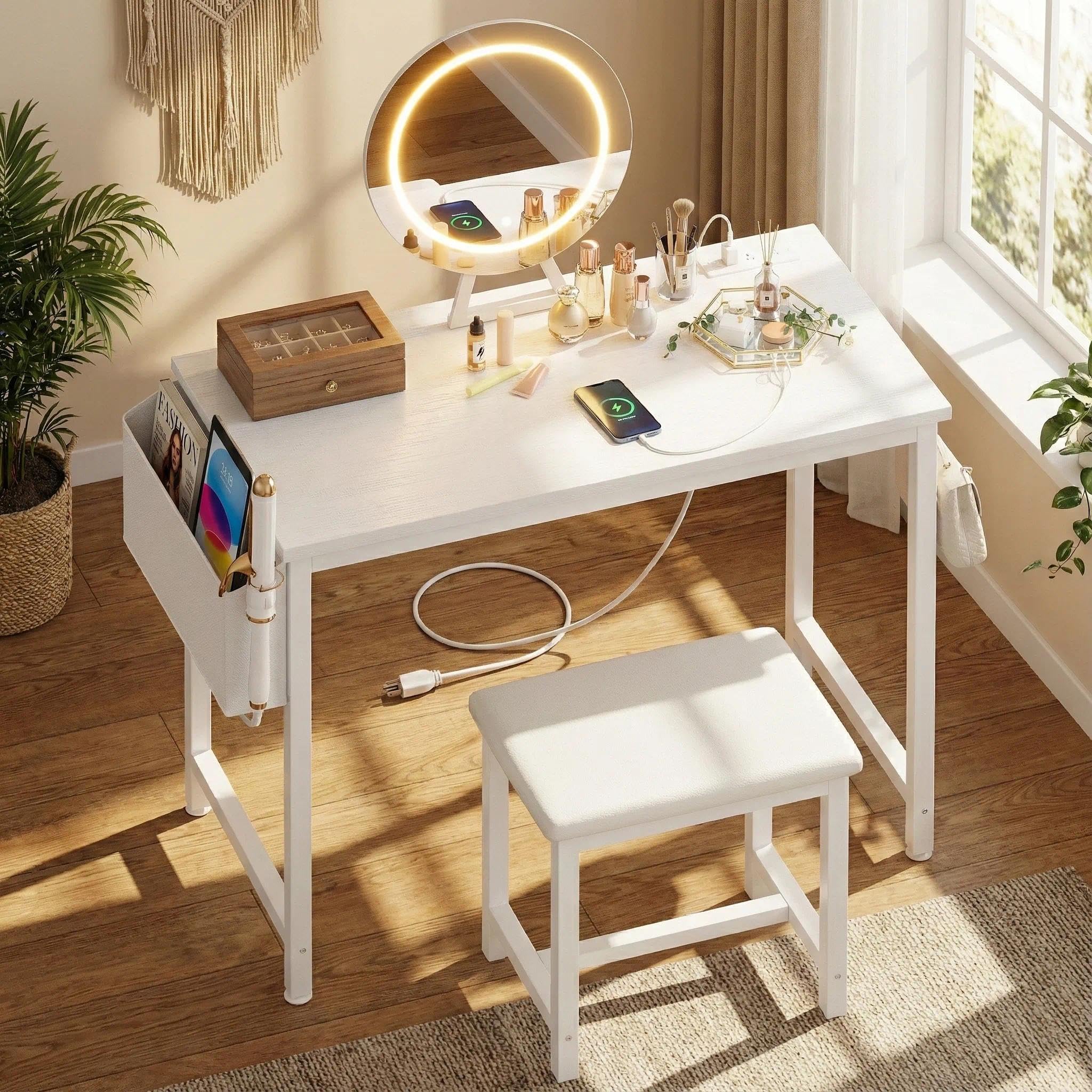 KAI-ROAD White & Gold Makeup Vanity Desk With LED Mirror & Stool - 47 Inch Dressing Table With Drawers, Charging Station, For Bedroom