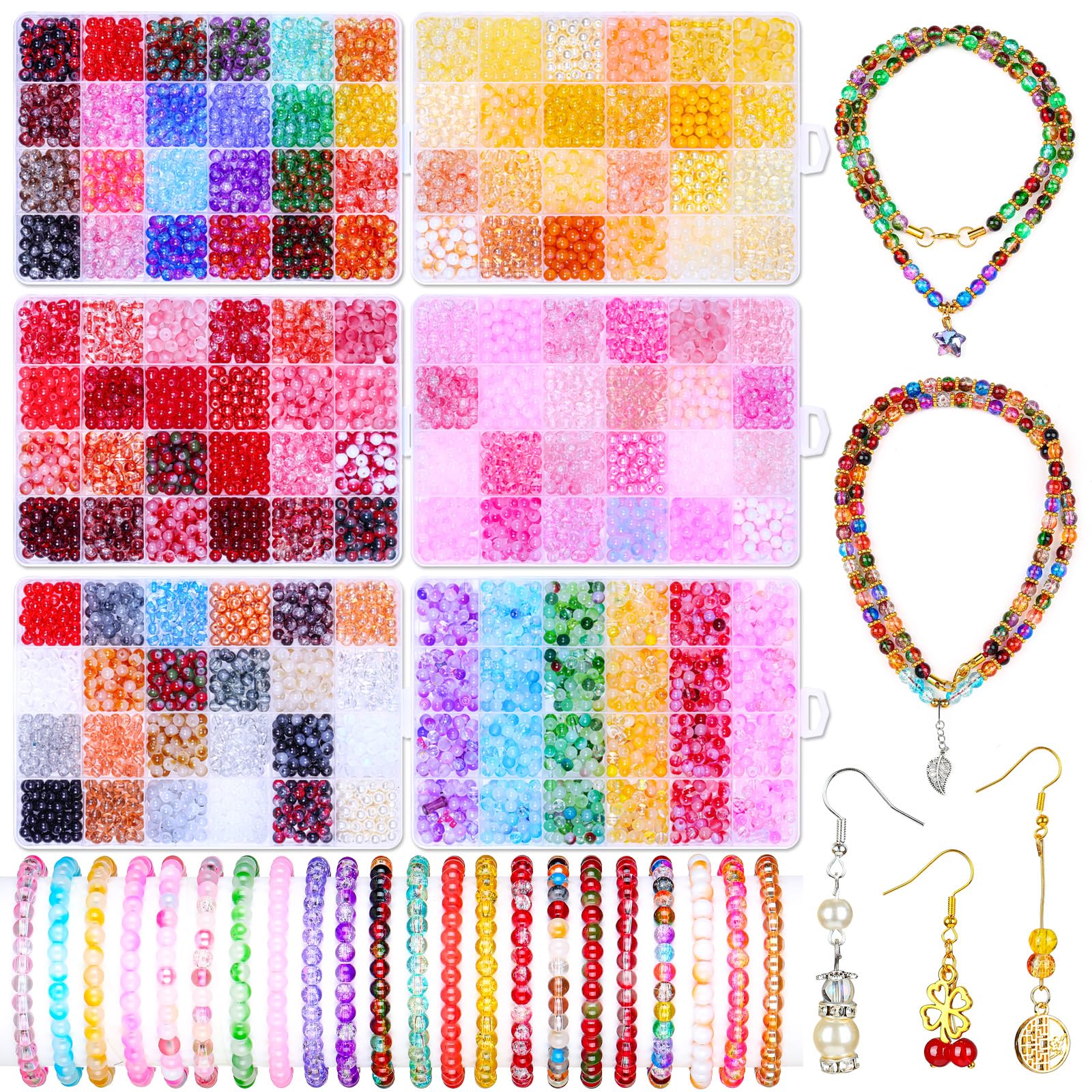 3600pcs Colorful Round 6mm Glass Beads Bulk, 144 Colors Assorted Crystal Crackle Glass Beads with Pearl Gradient Beads for Bracelets & Jewelry Making DIY Crafts Supplies