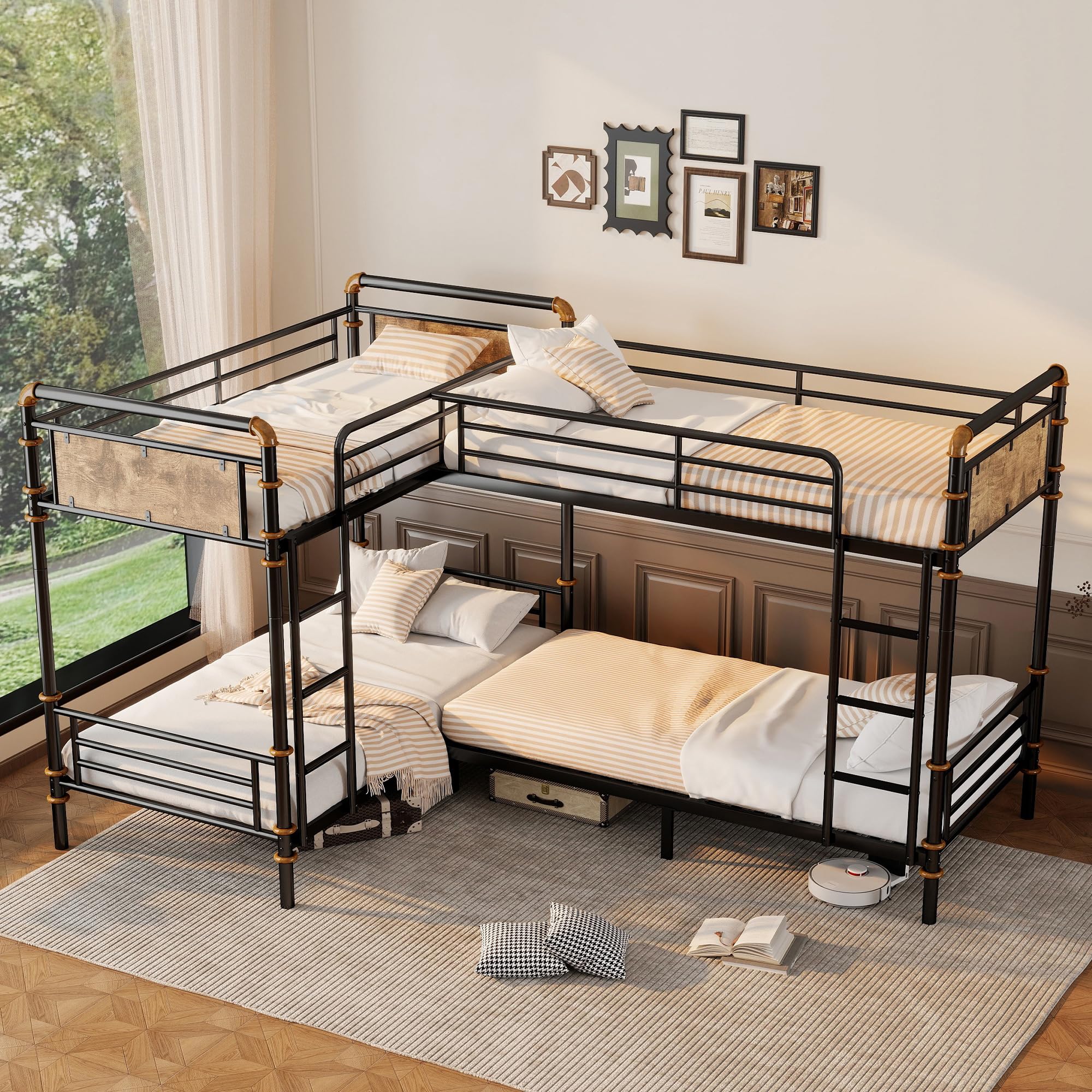 Quad Bunk Bed, Heavy Duty Metal 4 Bunk Beds for Kids with Ladders, Detachable Industrial L-Shaped Bunk Beds, Space Saving Design,Can Be Divided Into 3 Twin Beds, Black