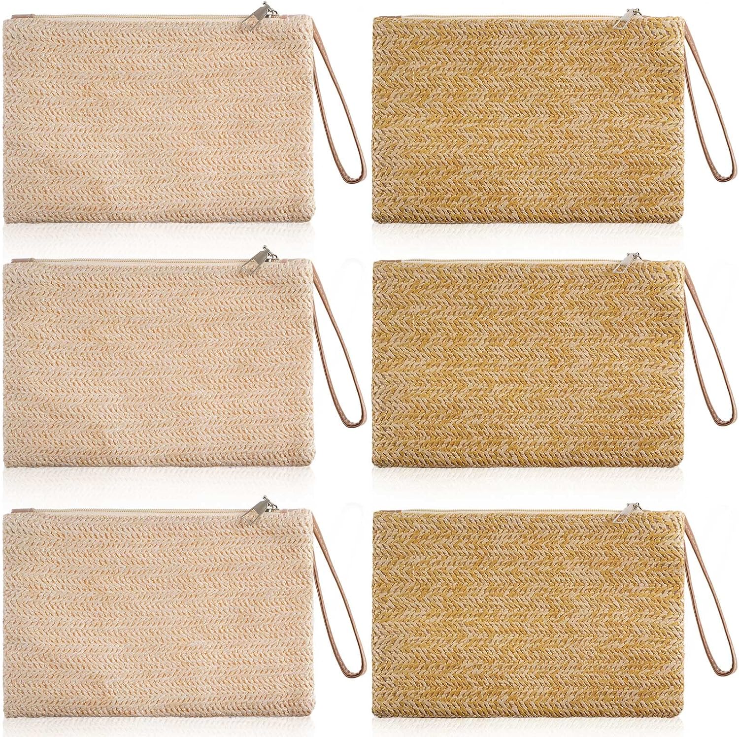 Kajaia 6 Pcs Women Straw Clutch Purse Bohemian Summer Beach Straw Purses for Women Woven Hawaii Handbags Rattan Bags Zipper Wristlet Wallets(9.45 x 6.3 Inch, Fresh Style)