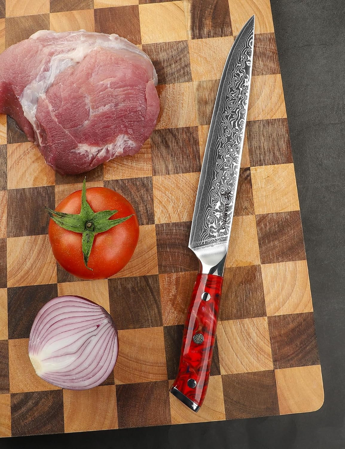 Carving Knife - 9 inch Kitchen Meat Cutting Slicing Knife- Xuan Series - VG10 Damascus Steel with Resin Handle (Sunset Red)