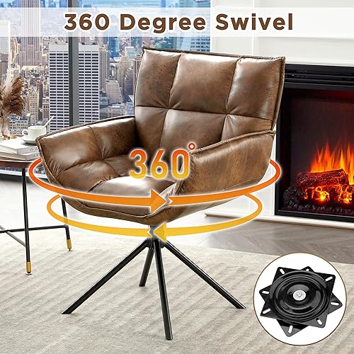 Miniatura 3 de Silla de escritorio sin ruedas, sillas de escritorio modernas de mediados de siglo giratorias de 360, silla giratoria tapizada de piel sintética con