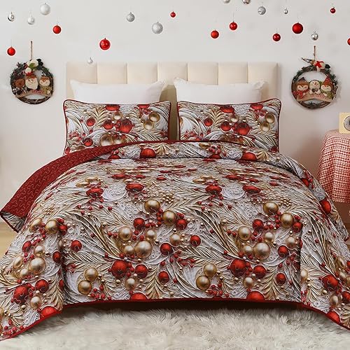 Anibedding Juego de edredón de Navidad tamaño Queen, color rojo y dorado noble, juego de ropa de cama de bolas de Navidad para sala de estar y