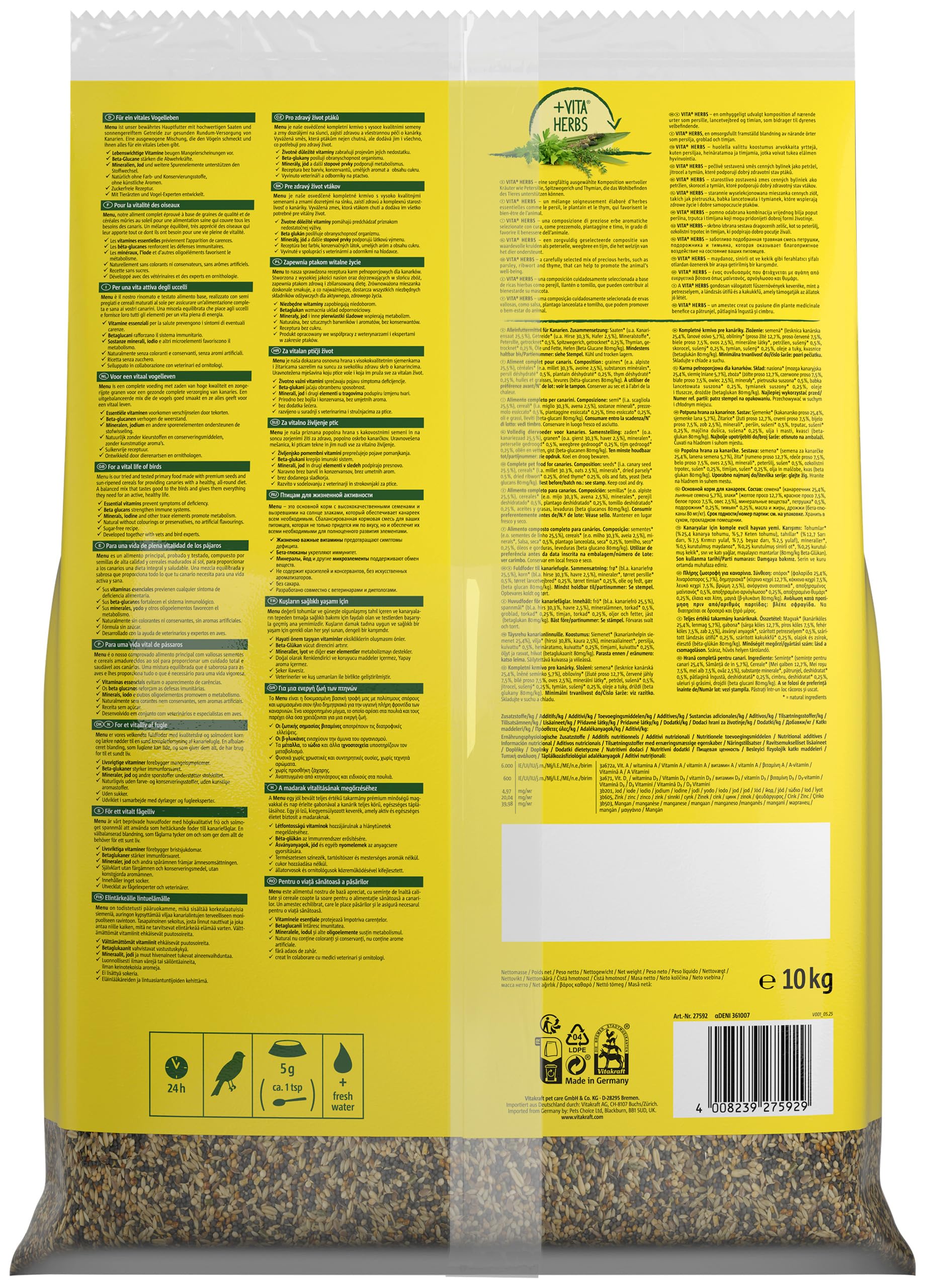 Vitakraft Menu 10 kg, mangime principale per canarini, con vitamine, complesso attivo immunitario ed erbe aromatiche (1 x 10 kg)