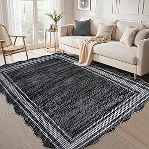 GarveeHome Scalloped 5x7 Rugs Washable Area Rugs for Living Room, Modern Bordered Solid Rug for Bedroom, Abstract Scalloped Non-Slip Stain Resistant Carpet for Dining Room Home Office Dorm,Black