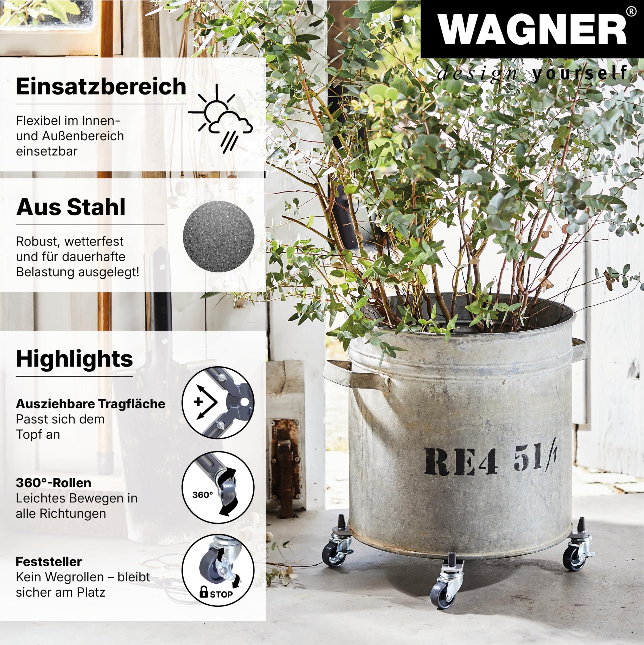 Wagner Carrello per Piante Sun City Basic allungabile 32-46 x 6 cm di Superficie Utilizzabile I Carrello per Fiori per Interni ed Esterni I 2 Freni I Acciaio Rivestito I Portata 100 kg - 20082701