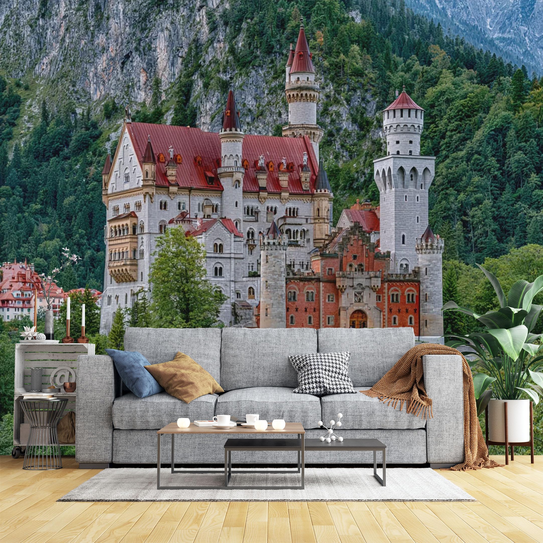 Custom Size Wall Murals Neuschwanstein Castle in Bavaria Wall Murals European Landmark Wallpaper, HD Self-Adhesive Removable Wallpaper for Living Room