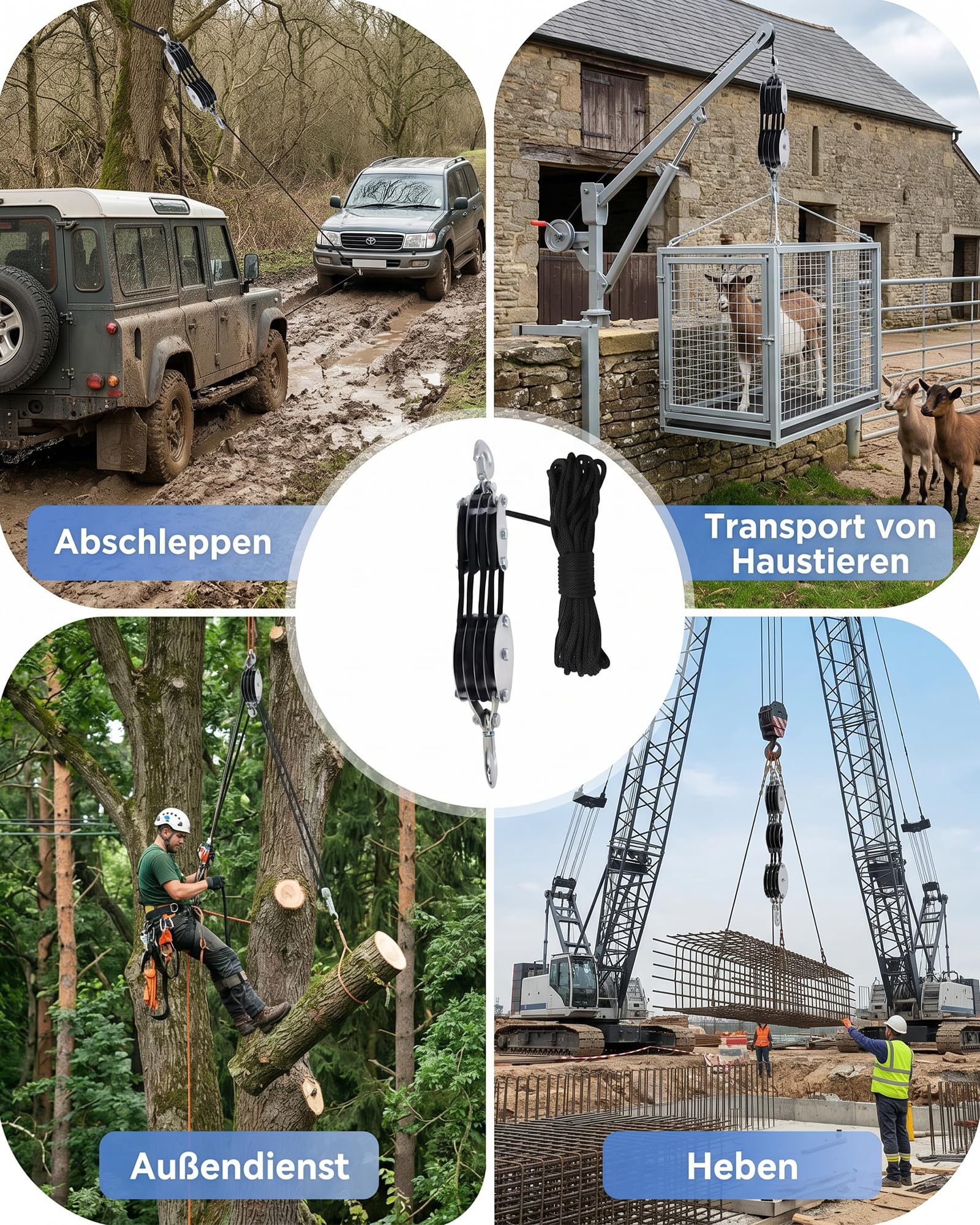 Flaschenzug Arbeitssparender, 8:1 Hubkraft Seilzug mit 20m Seil & Stahl-Kugellager, 2000kg Max Schwerlast Flaschenzug-Set für Garage, Werkstatt, Jagd & Boot, Rostfrei Verzinkt - Schwarz