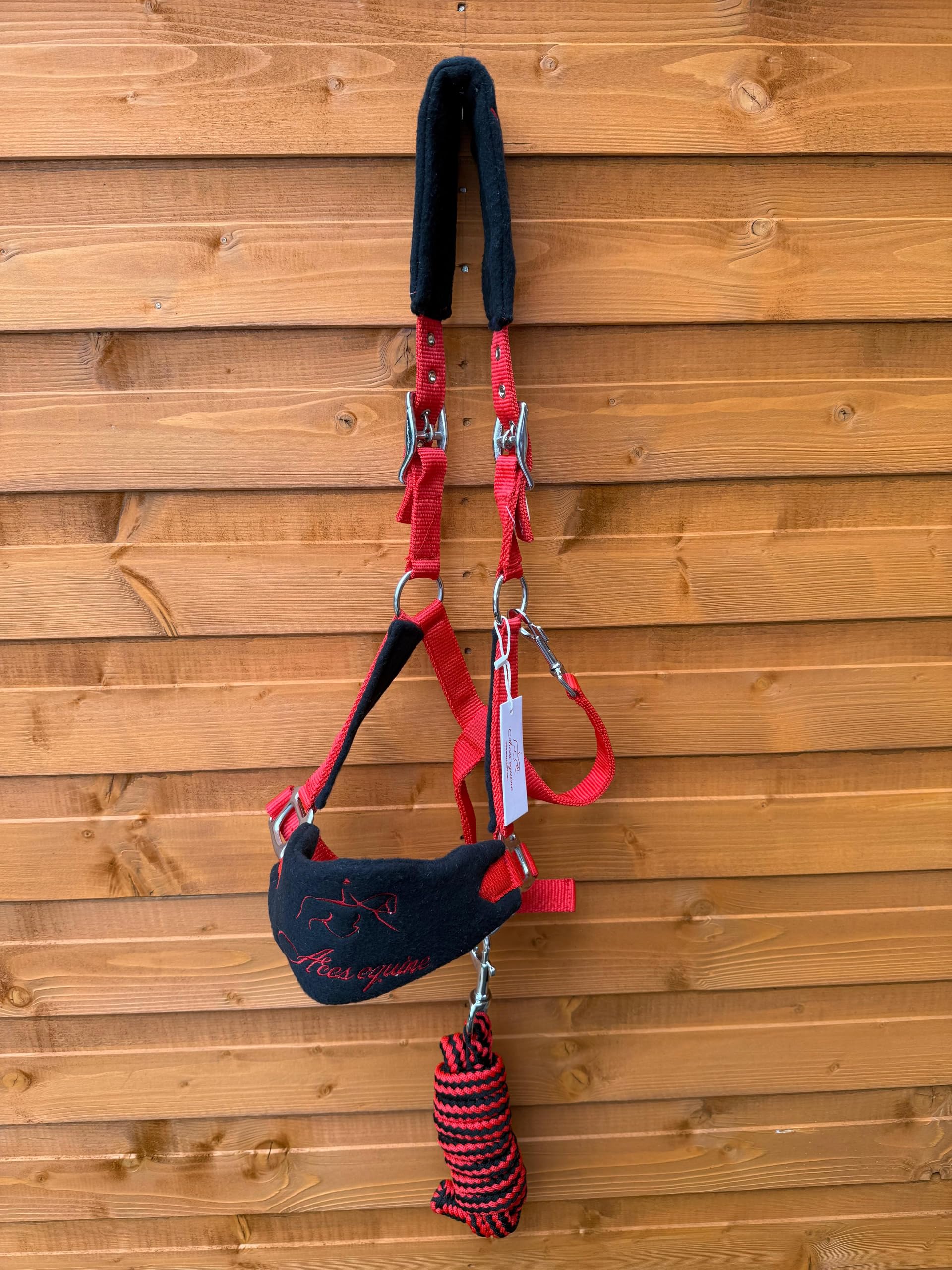 Aces Equine Fleece Headcollar with Lead Rope in Red and Black - Soft Padding fully Adjustable (Pony)