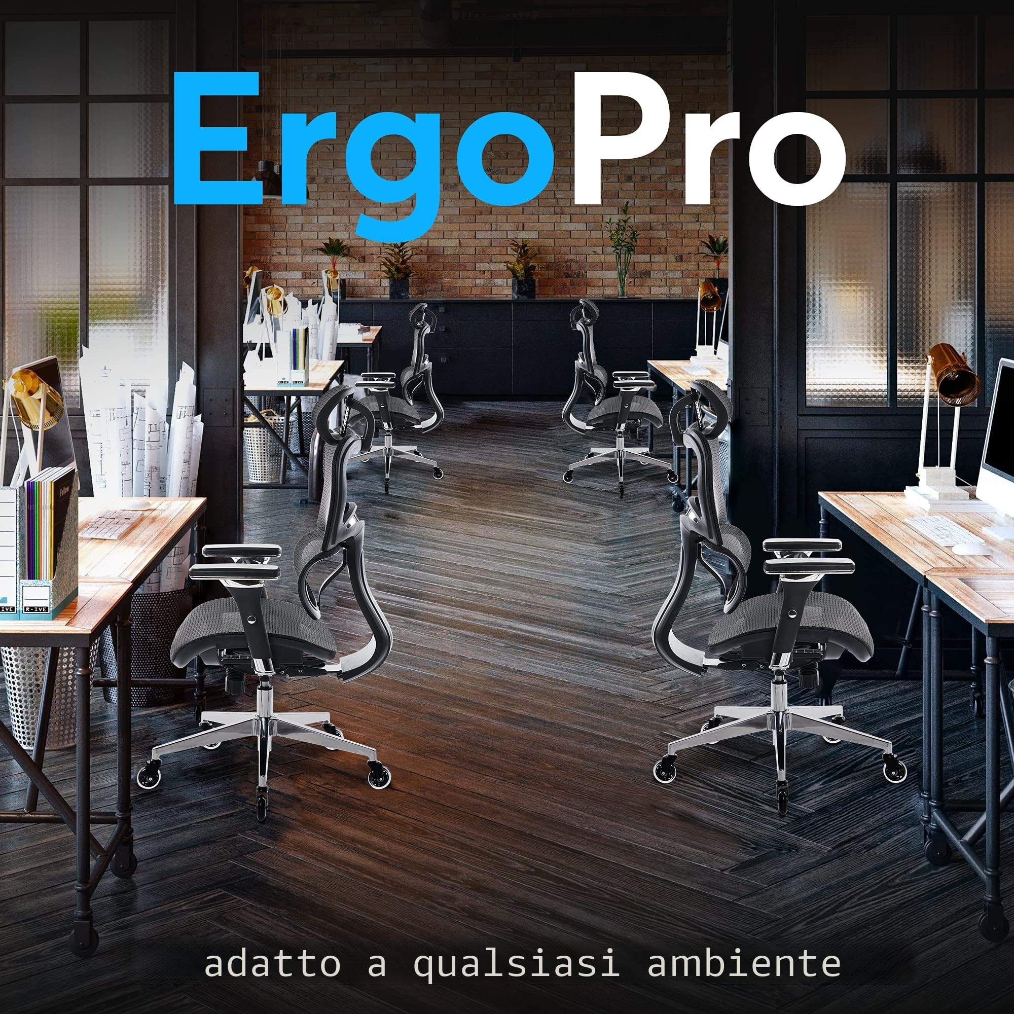 Sedia Ufficio ErgoChair Pro – Ergonomica, Girevole, Con Supporto Lombare, Poggiatesta 2D, Schienale Reclinabile 90-130°, Rete Traspirante, Capacità 136 Kg, Nero