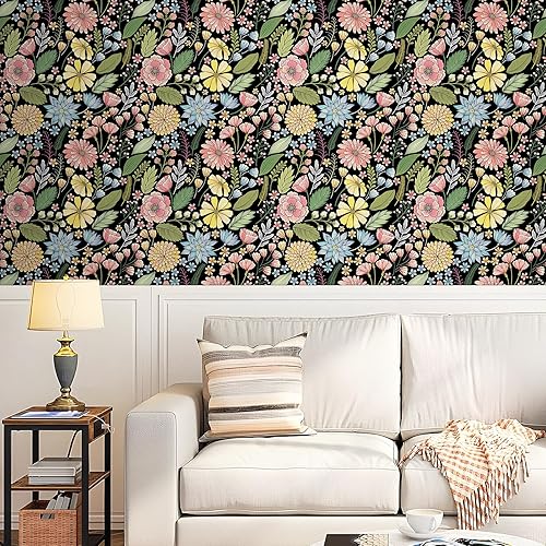 Miniatura 8 de FunStick Papel tapiz de flores negras, papel tapiz de margaritas vintage oscuras, para despegar y pegar, amarillo, rosa, verde, azul, autoadhesivo,