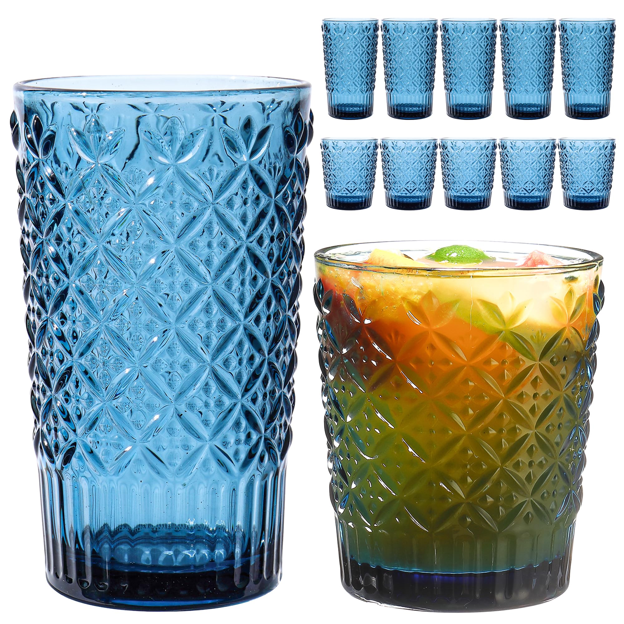 Blue Drinking Glasses Set of 12 14 Oz Highball 10 Oz Cocktail Glasses Blue Kitchen Vintage Glassware Set