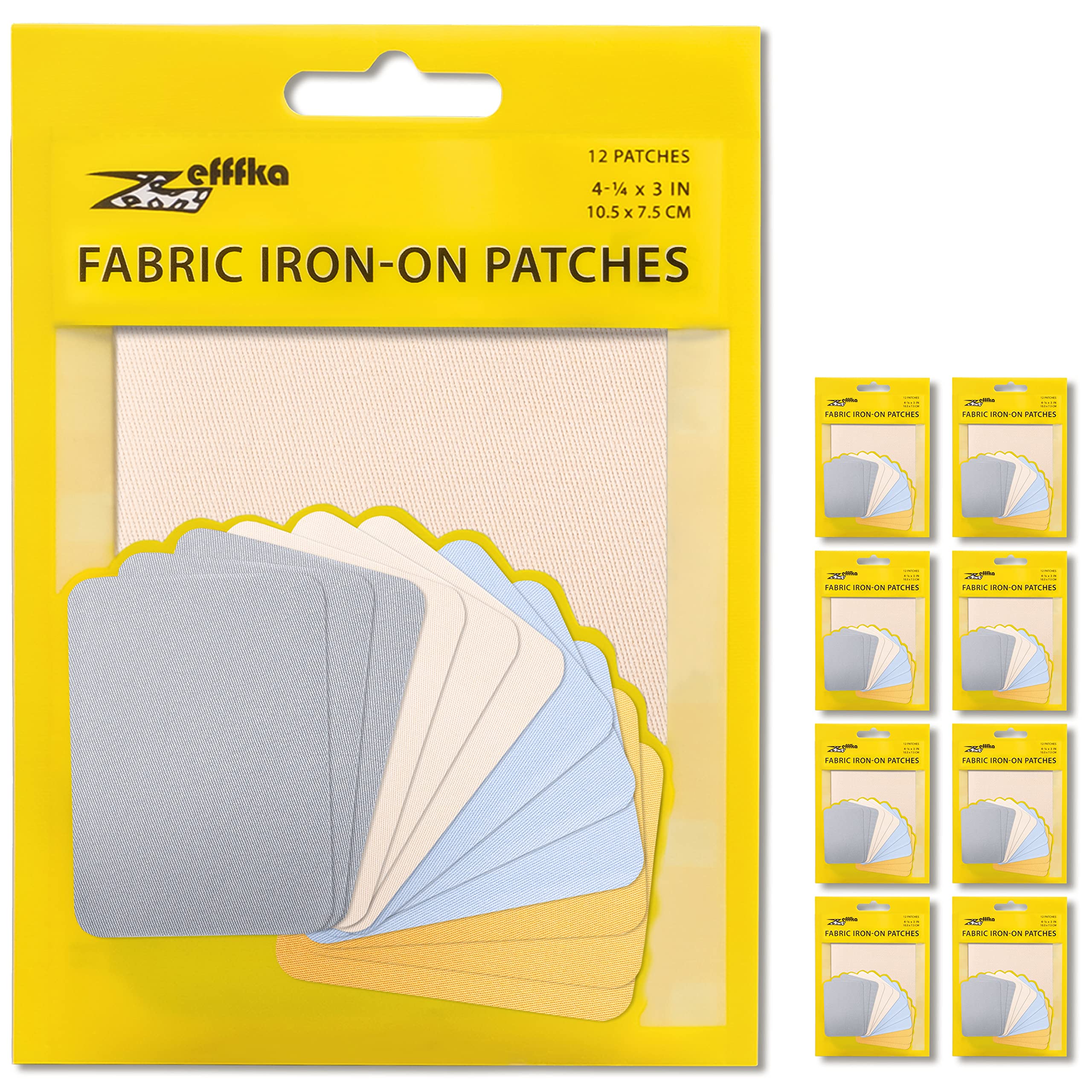 ZEFFFKA 9 Packages Premium Quality Fabric Iron-on Patches Inside & Outside Strongest Glue 100% Cotton Blue Gray Beige Brown Repair Decorating Kit 12 Pieces Size 3" by 4-1/4" (7.5 cm x 10.5 cm)