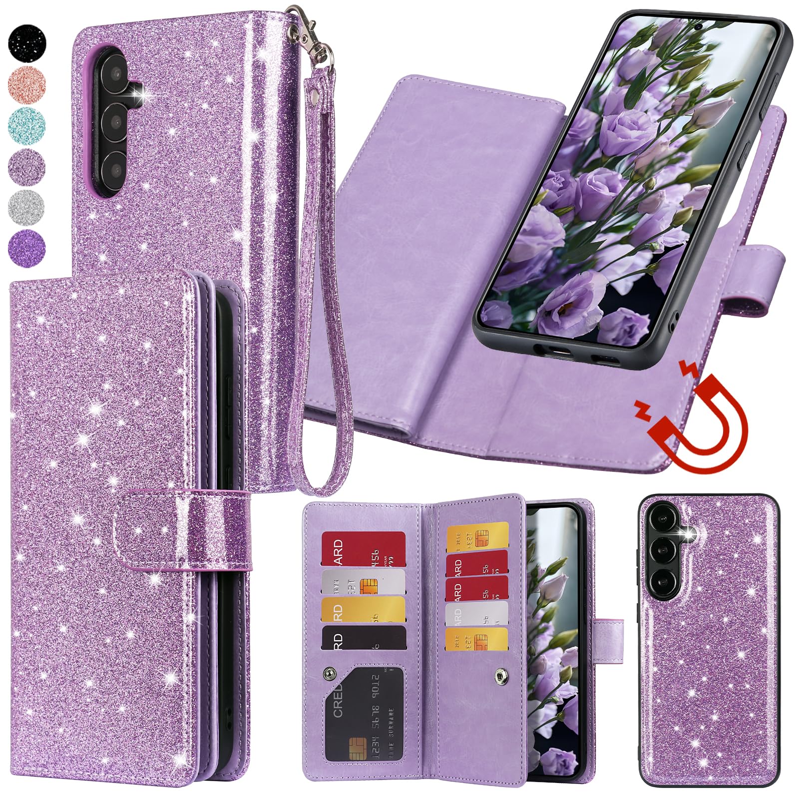 Varikke for Samsung Galaxy S24+ /S24 Plus Wallet Case Detachable with RFID Blocking Card Holder for Women, Glitter PU Leather Strap Magnetic Flip