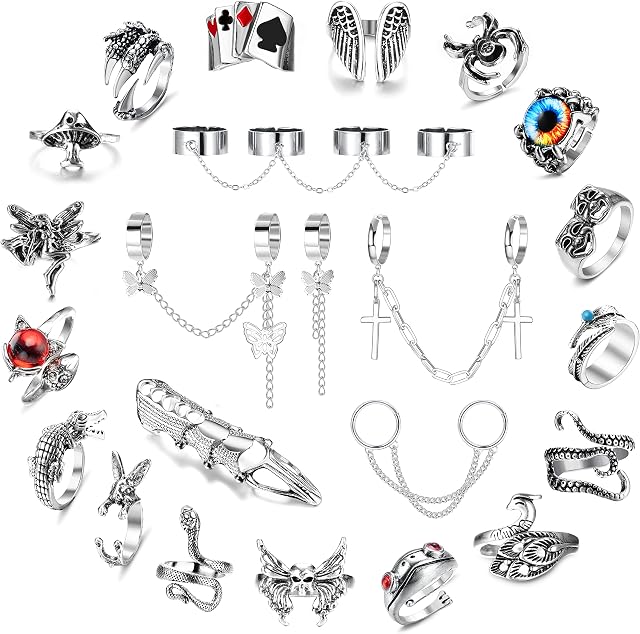 Kakonia Goth Punk Rings for Men Women Teen Girls, Vintage Cool Punk Chain Rings Gothic Full Finger Ring Statement Stackable Skull Snake Butterfly Cross Eboy Emo Aesthetic Rings Set
