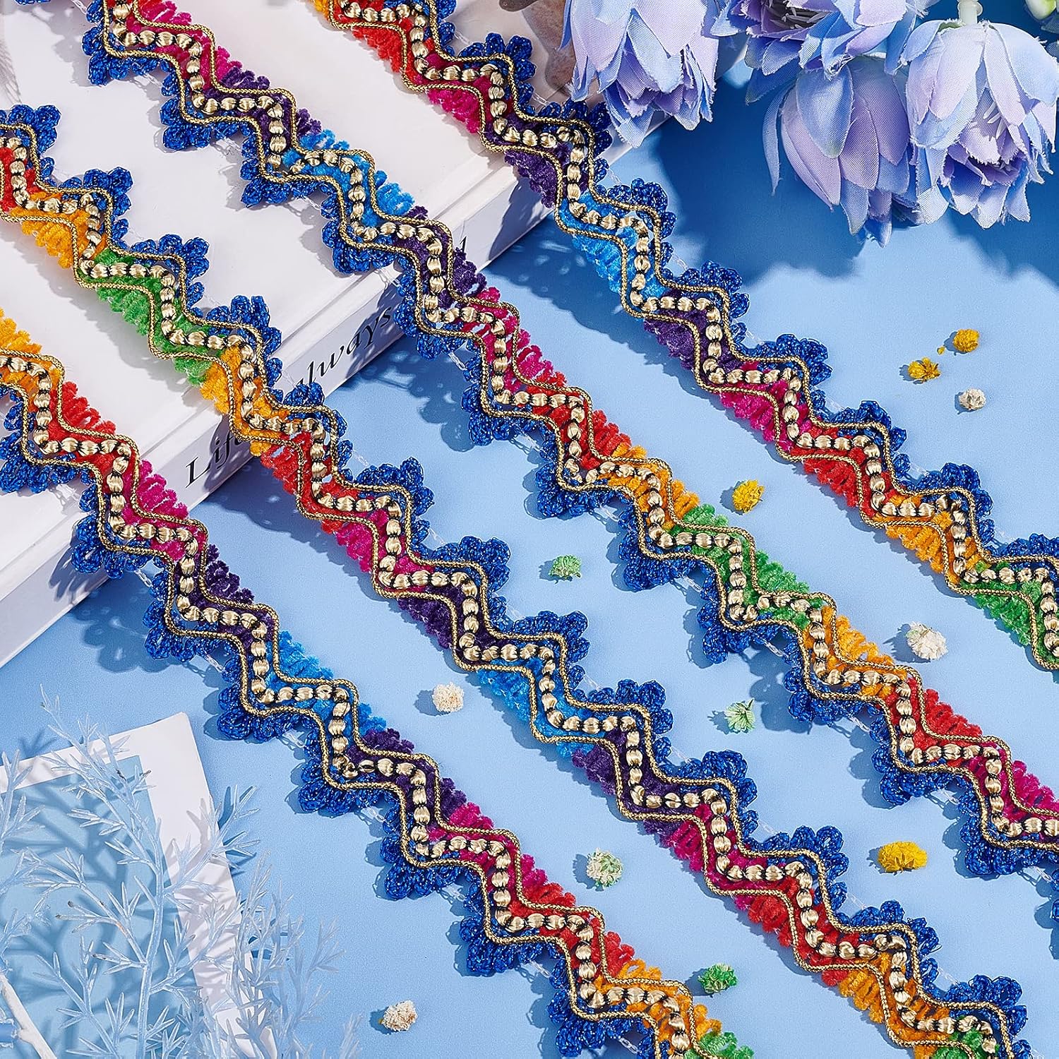 PH PandaHall 1 Inch Braided Trims 9.8 Yards Rainbow Gimp Basic Sewing Polyester Ethic Gradient Color Looped Lace Fan Trim for Home Decoration Curtain Tablecloth Slipcover Bridal DIY Clothing