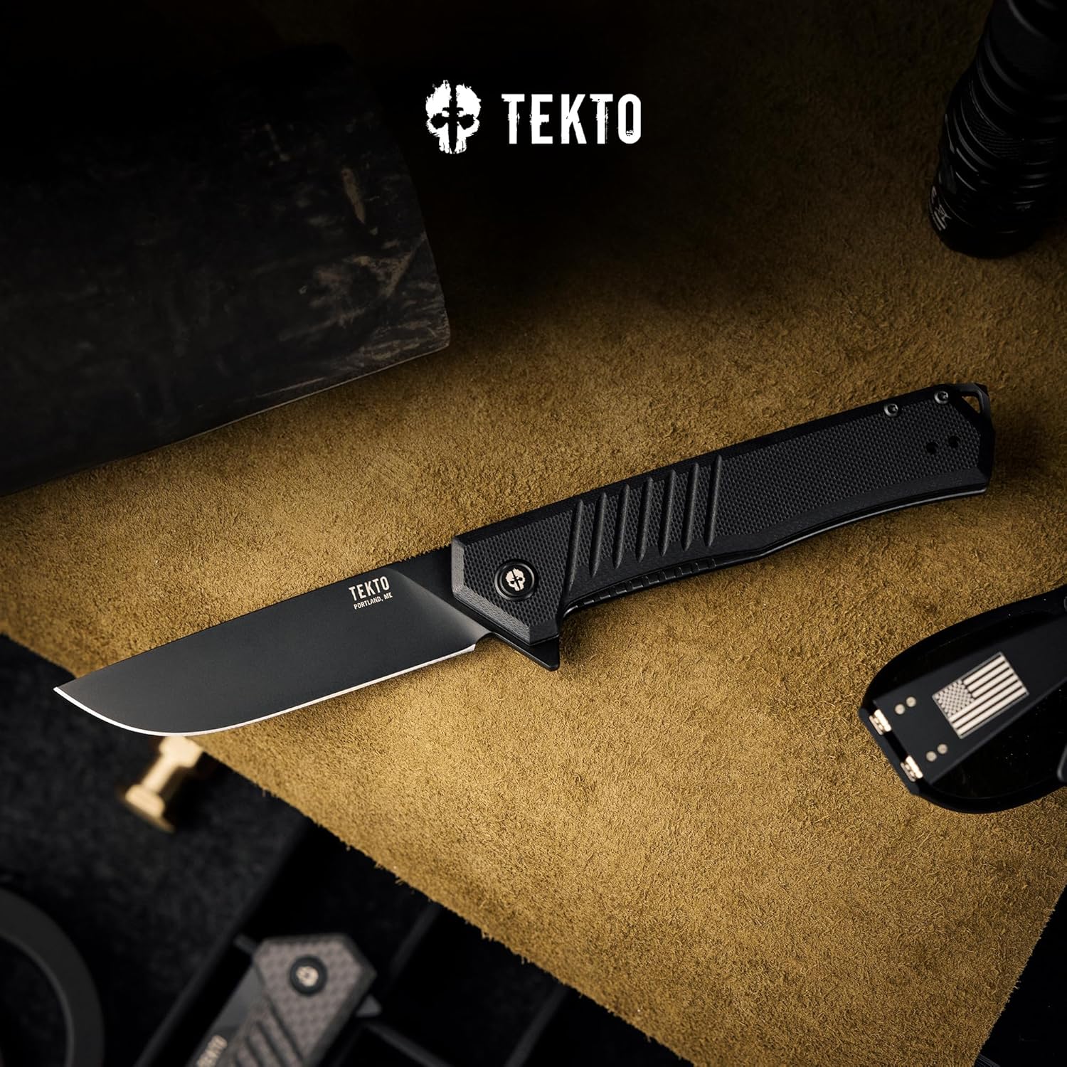 TEKTO F1 Alpha Folding Pocket Knife - Modified Straight Back Blade, Titanium Coated D2 Steel, Ideal for Outdoor Camping and Backpacking, Tactical G10 Black Handle, Black Titanium Accents