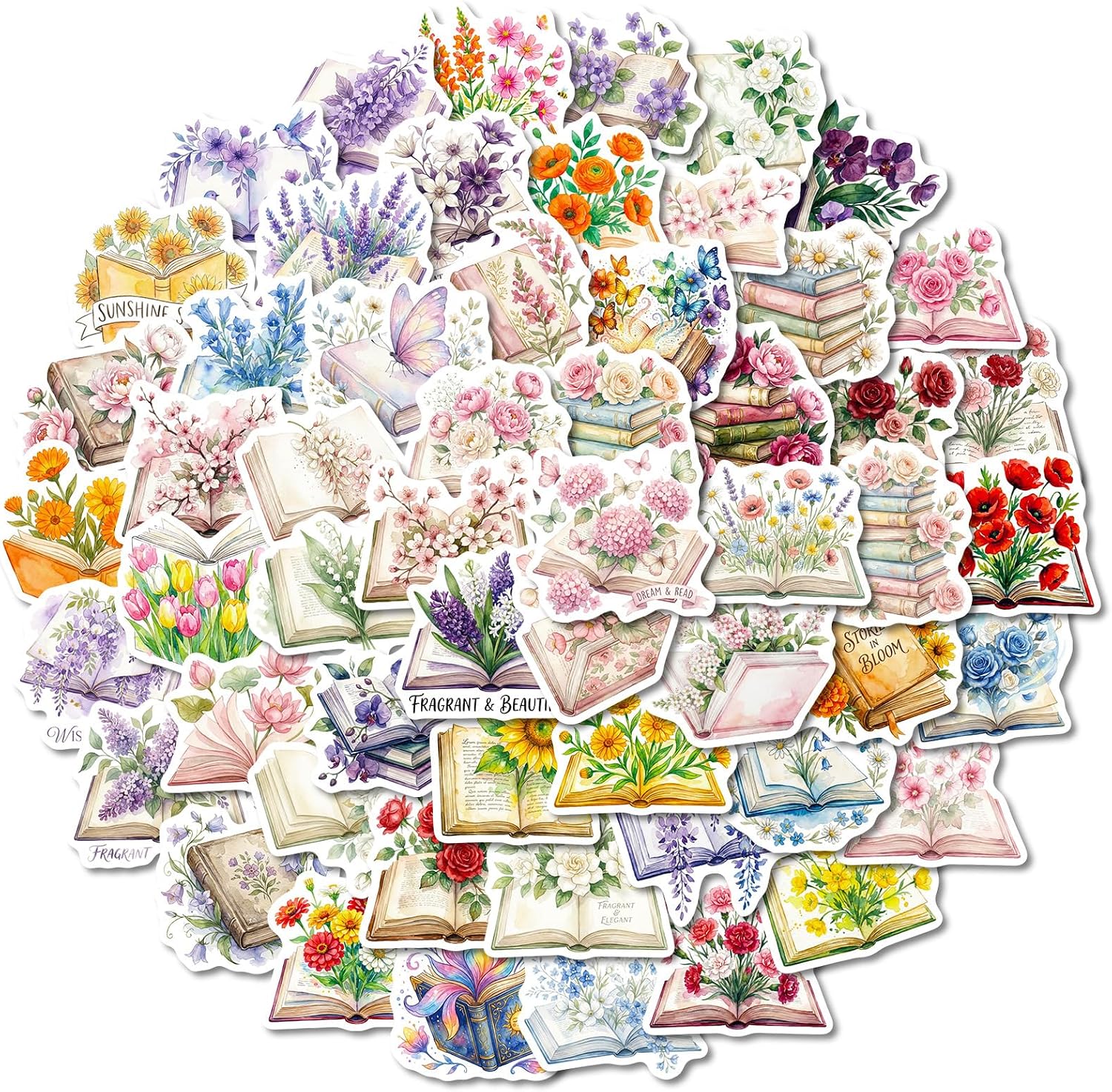 56 Pcs Vintage Floral Book Stickers for Water Bottles, Aesthetic Watercolor Reading Stickers, Waterproof Vinyl Bookish Decals for Laptop, Scrapbooking, Journaling, Book Lover Gifts