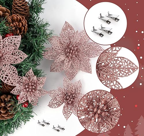 Miniatura 3 de Adornos de Navidad de flor de pascua artificial, 30 unidades, decoraciones de flores de Navidad con purpurina con hoja de tallo y clips para