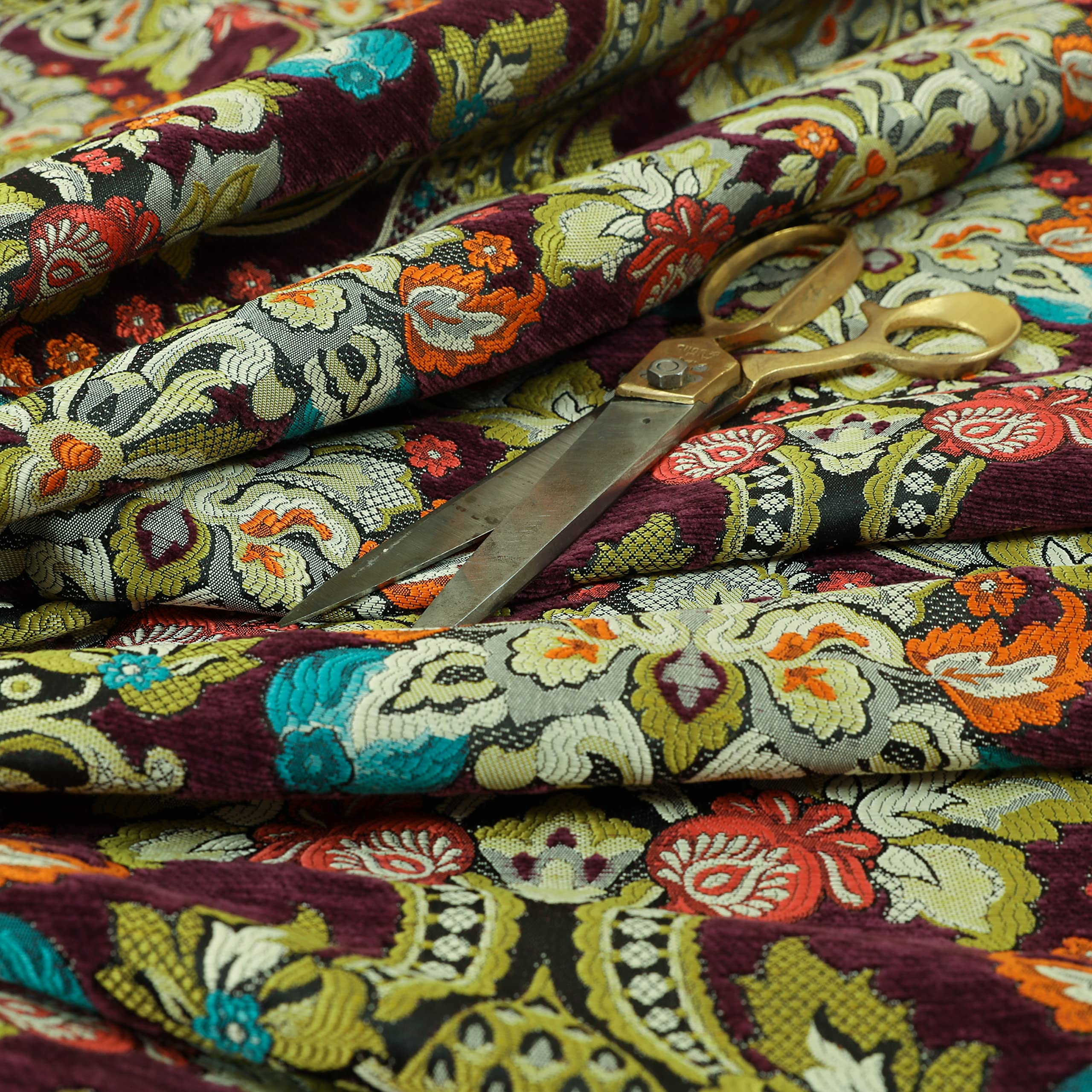 Redbrick Mill Fabrics Flame Retardant Quality Rich Detail Damask Floral Pattern in Purple Upholstery Furnishing Fabric (Per Metre)
