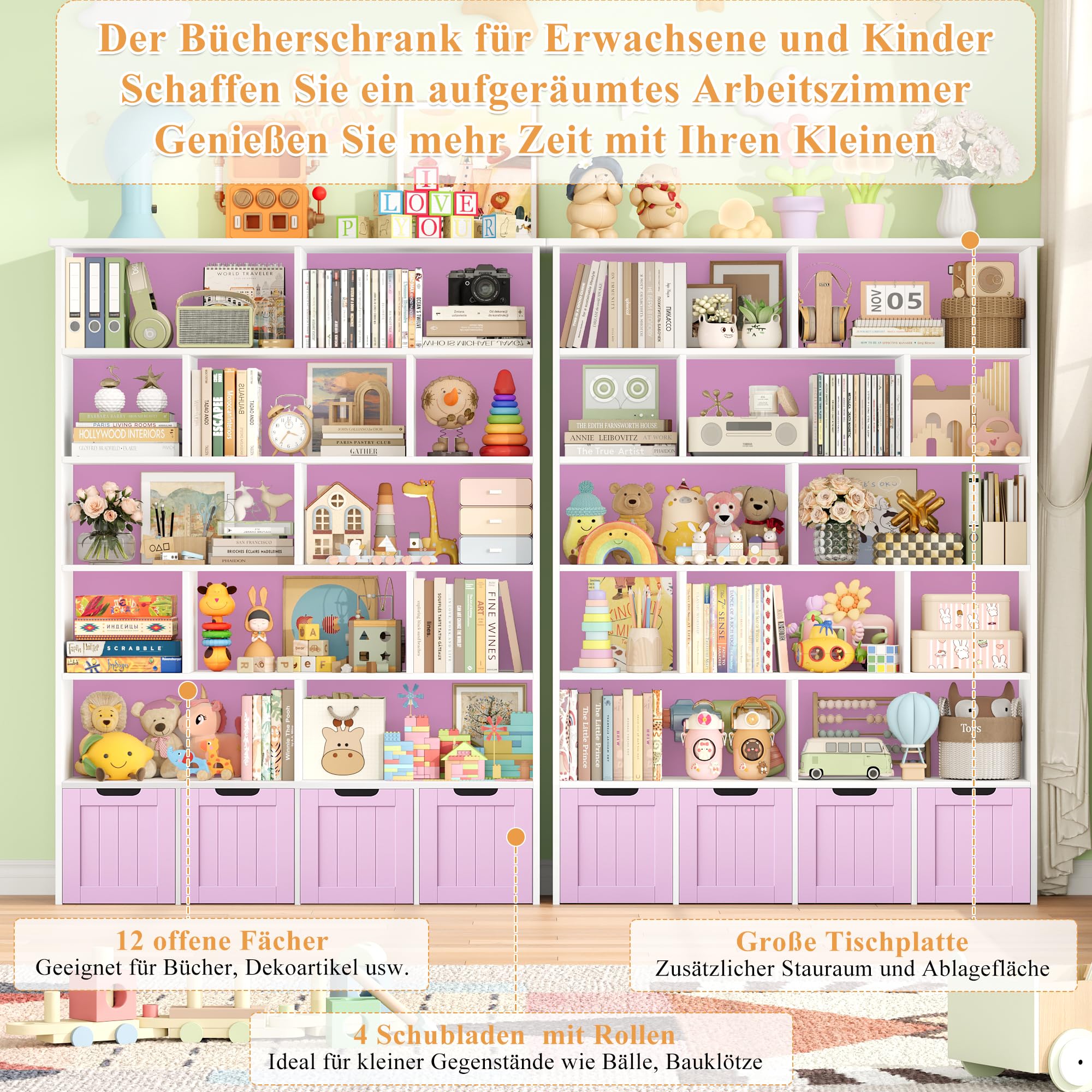 FOREHILL Kinderregal 6 Ebenen, Kinderzimmer Möbel, Bücherregal für Kinder | Kinderschrank mit Boxen auf Rollen, Spielzeug Aufbewahrung für Kinderzimmer, Kindergarten, Leseecke 175x33x125,5cm Flieder