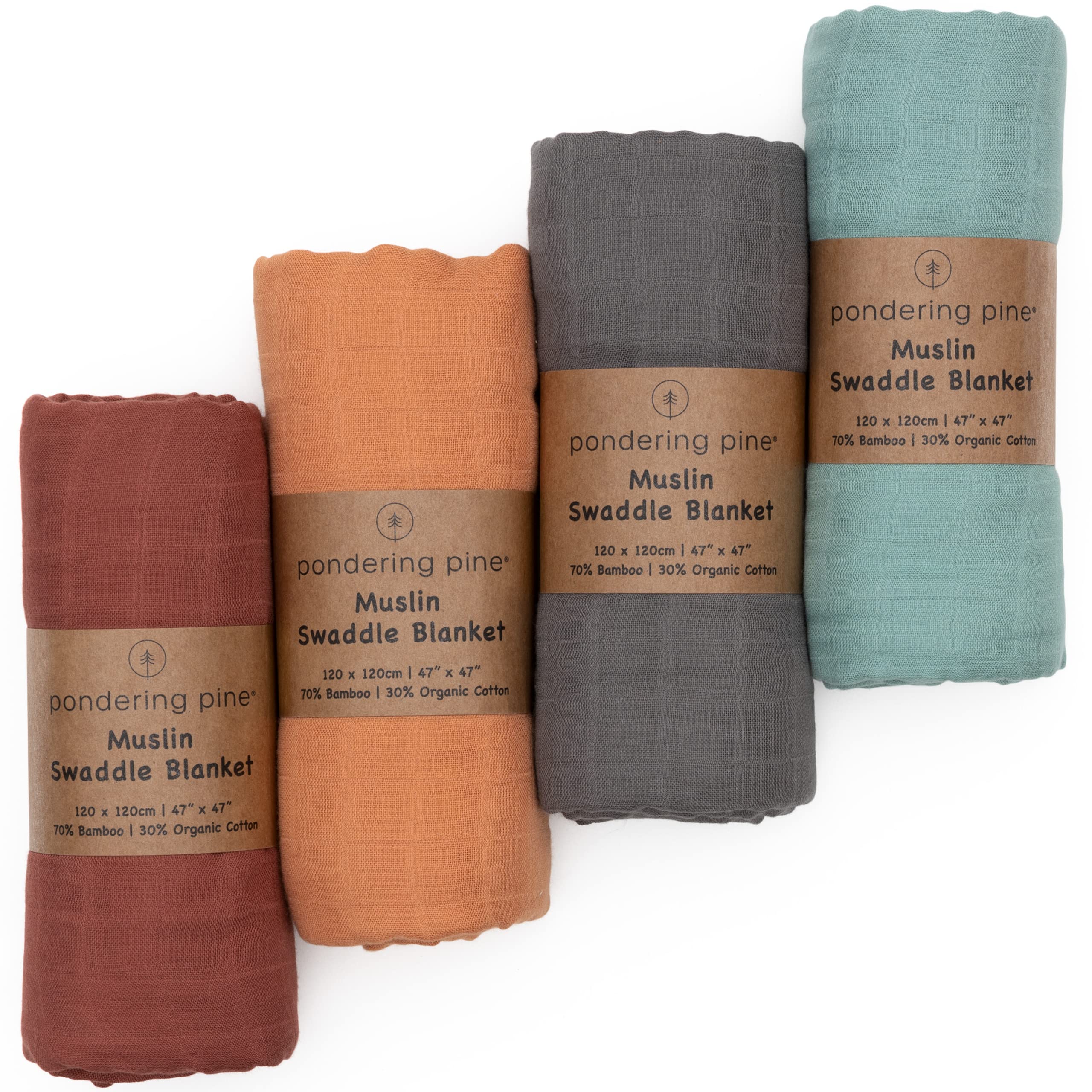 Pondering PineOrganic Muslin Swaddle Blanket - Baby Receiving Blankets Neutral - Boho Earth Tone Collection, 4 Pack, 47" x 47