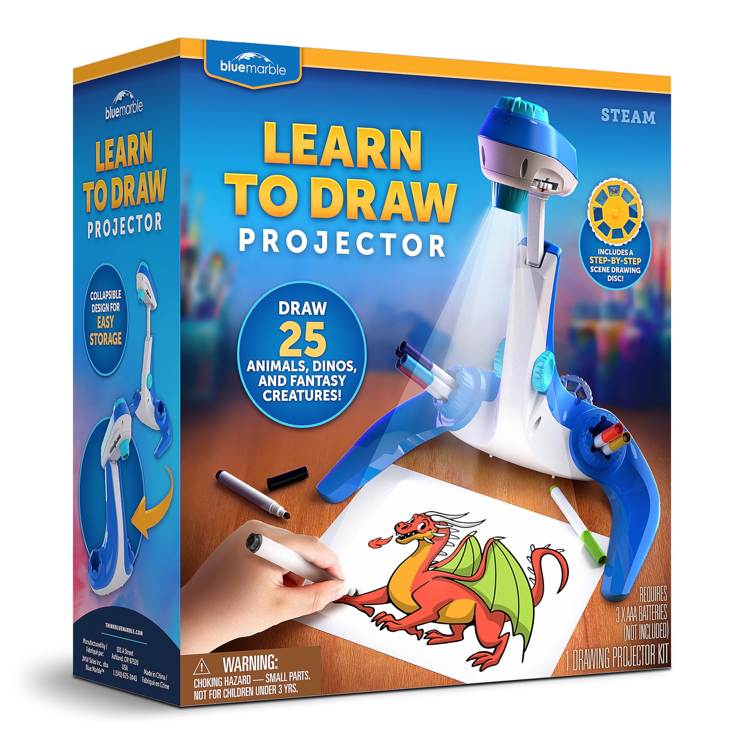 Blue Marble Learn to Draw Projector - Kids Image Projector for Tracing with 9 Colorful Markers & 4 Image Discs with 25 Animals, Dinos & Creatures to Draw, Patent-Pending Drawing Projector for Kids